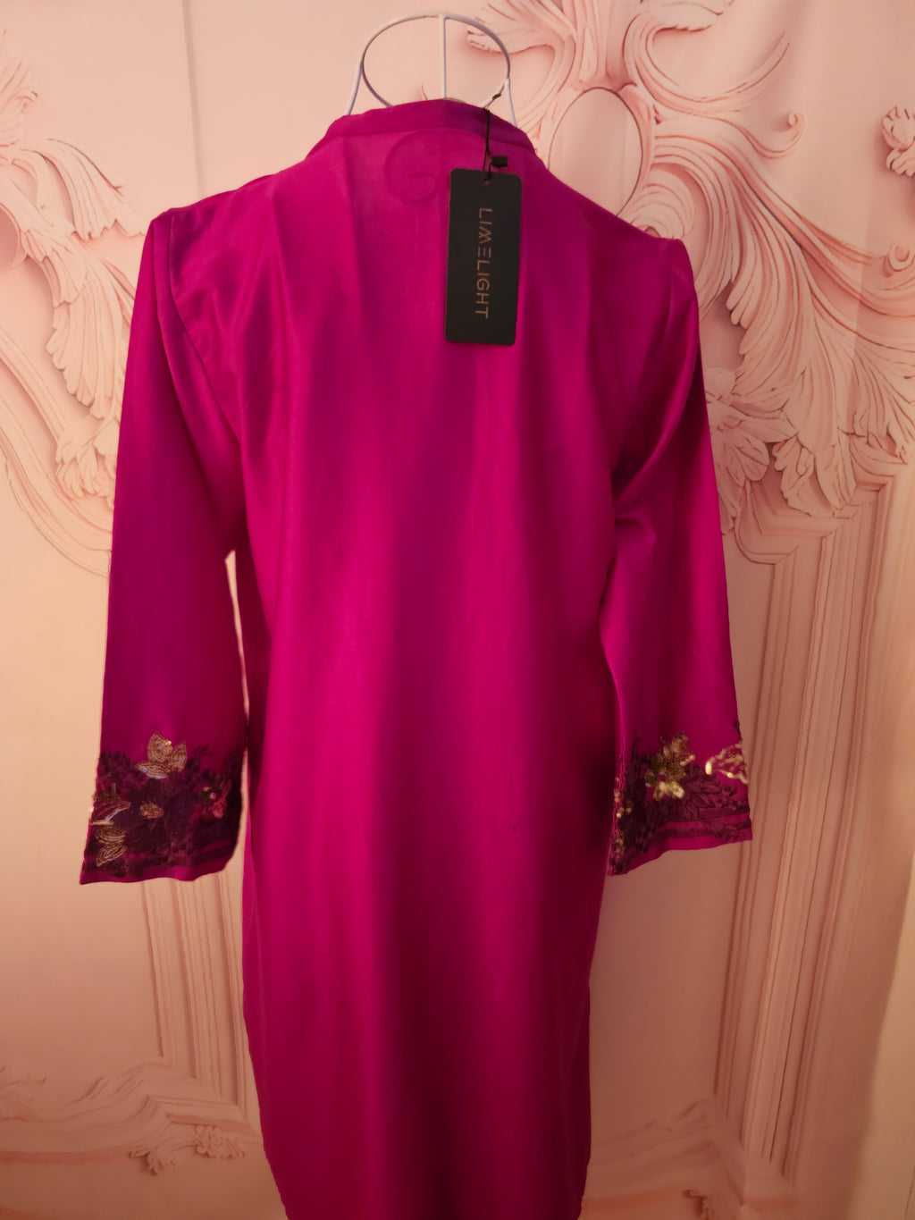 Limelight Cerise Pink Satin Embroidered Dress — 3/4 Sleeve — Size S