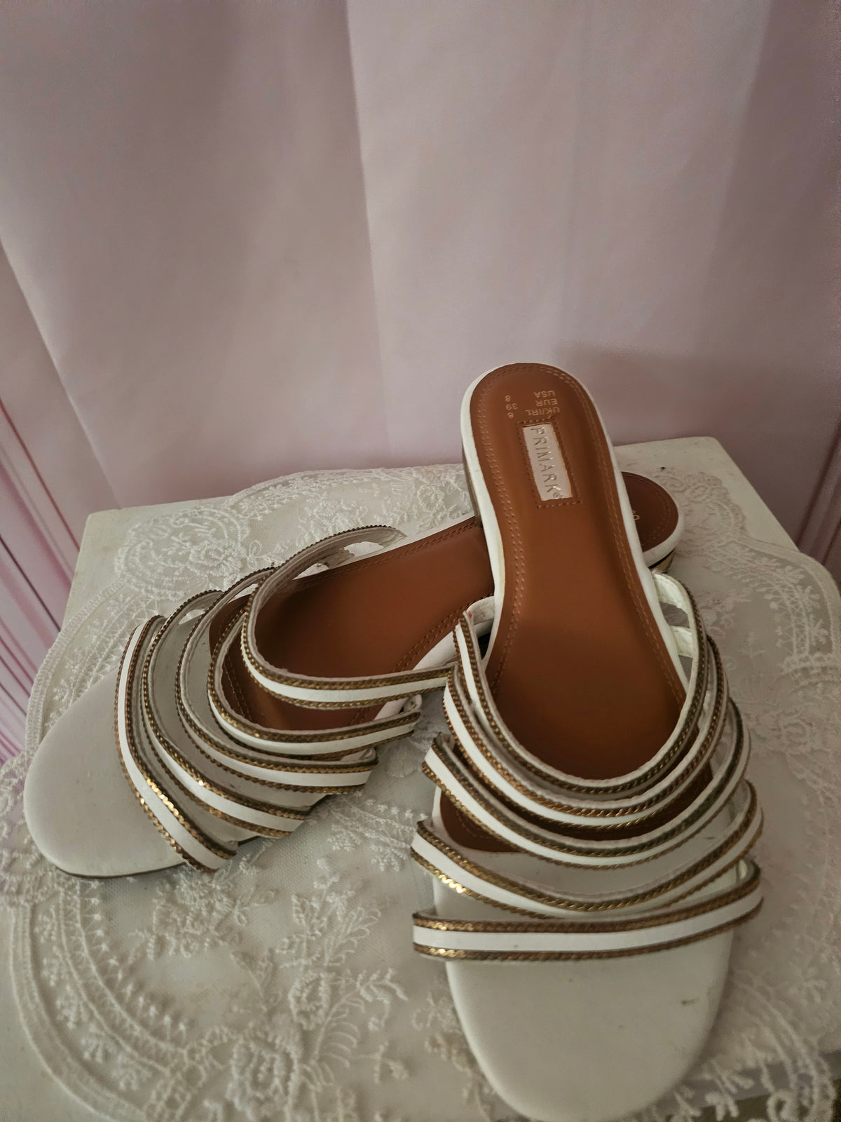 Ladies 2 x Strappy Slip ons with Gold Design Flat Heels 1 x black 1 x white