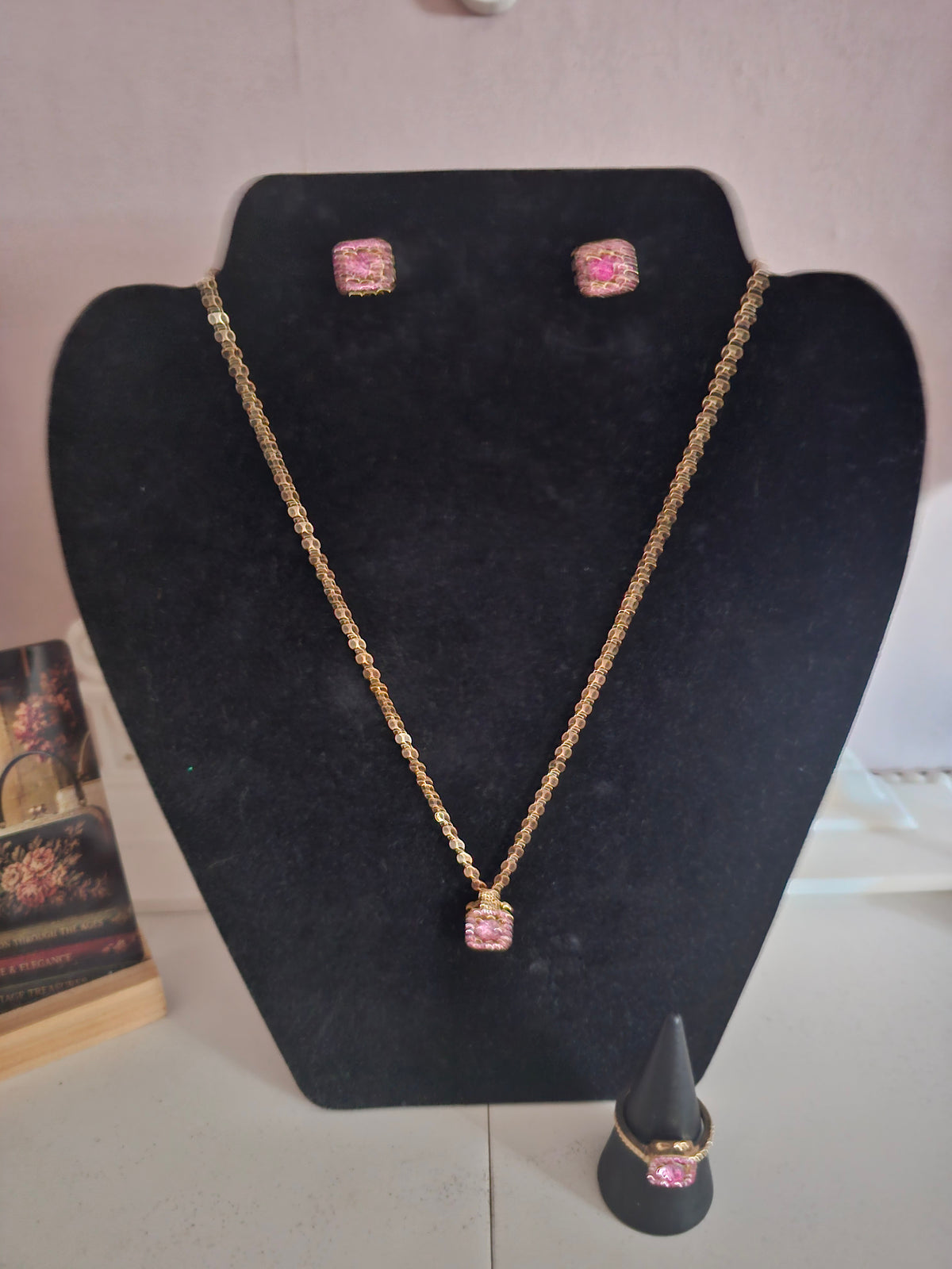 Ladies Pink Square Diamonte Jewellery Set