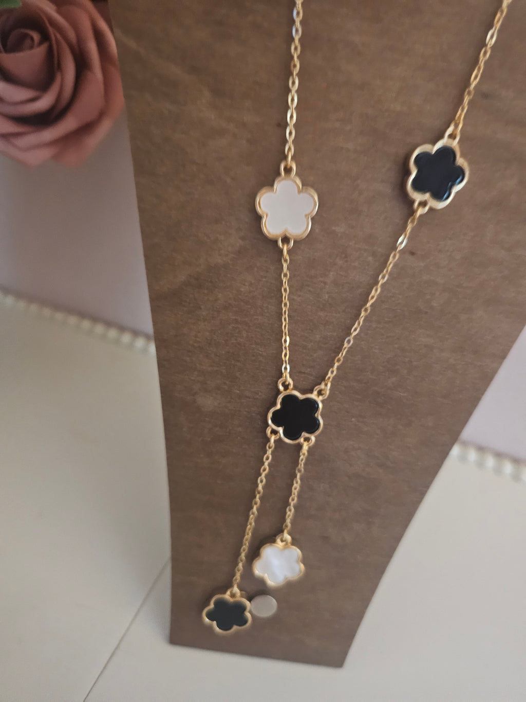 Gold & Black Clover Long Necklace & Matching Bracelet