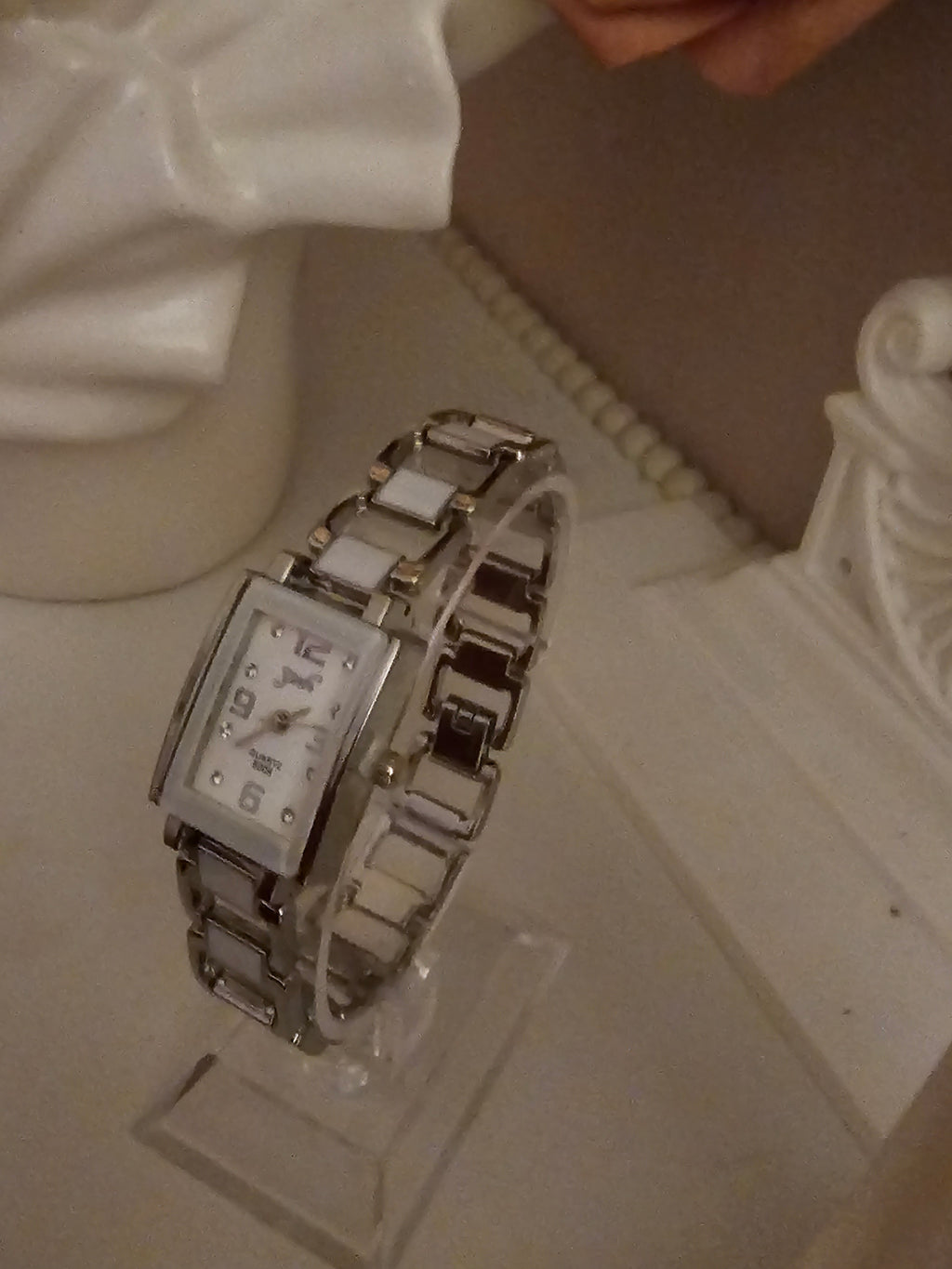 Ladies Silver Square Faced with White detailing Watch