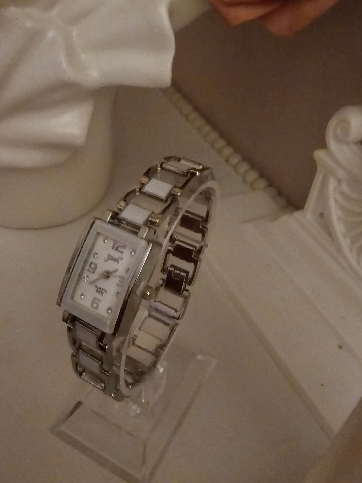 Ladies Silver Square Faced with White detailing Watch