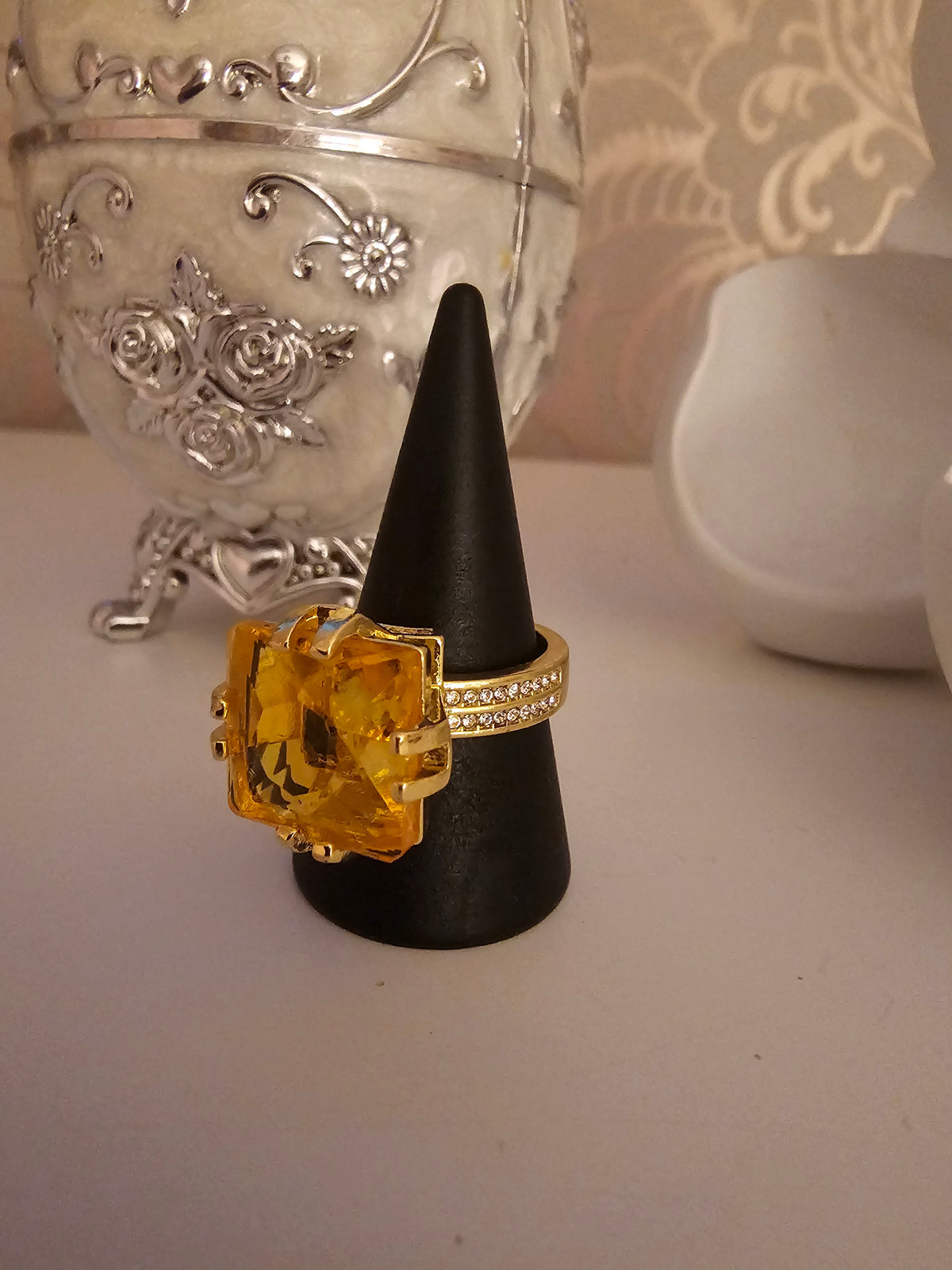 Ladies Gold Dress Ring with Amber Stone Setting with diamond detailing