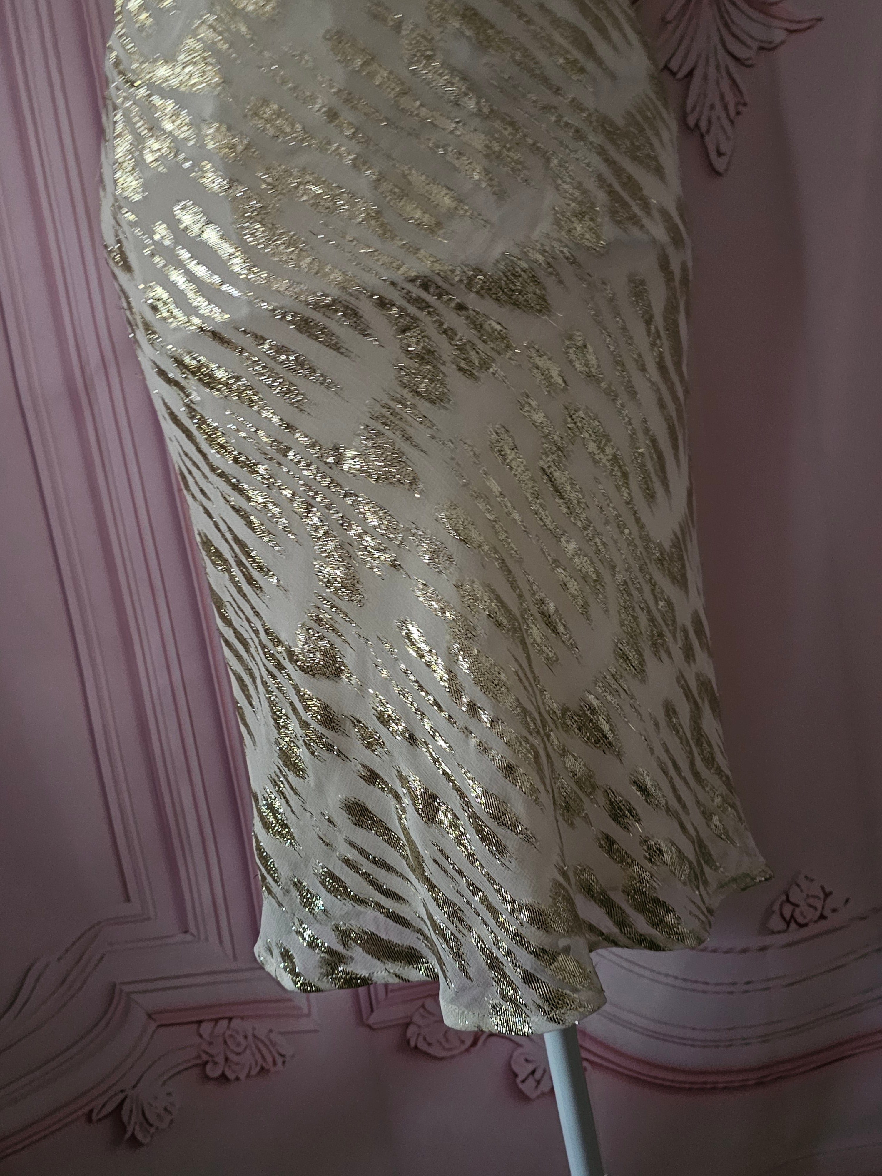Ladies Gold Shimmering Never Fully Dressed Jacquered Evening Gown