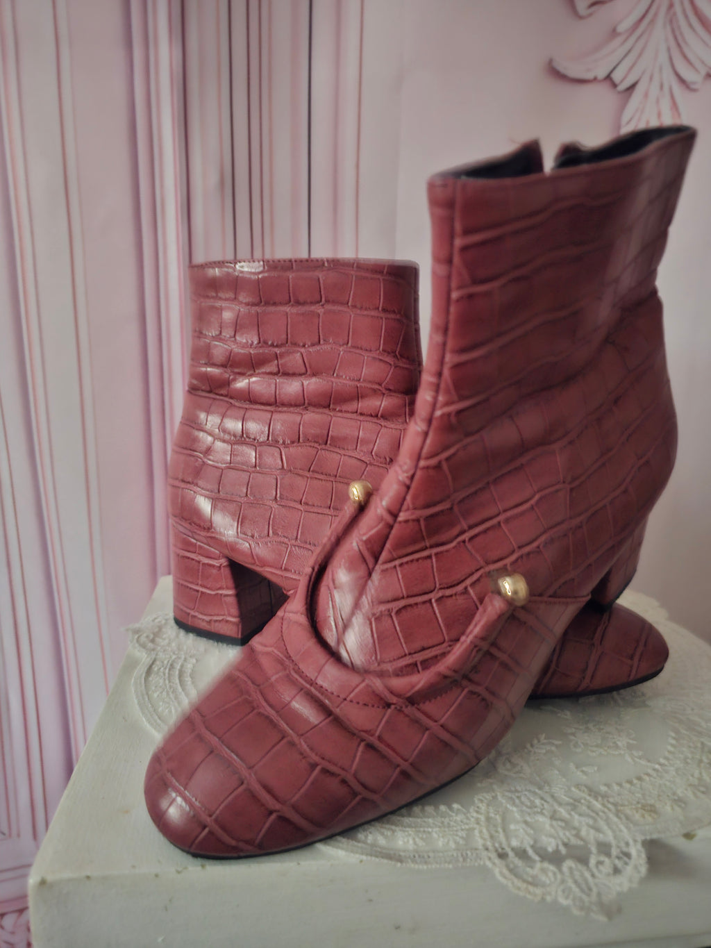 Pink Crocodile Skin Paitent Ankle Boots