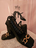 Ladies Black Patent Square Toes Block Heel Slingbacks
