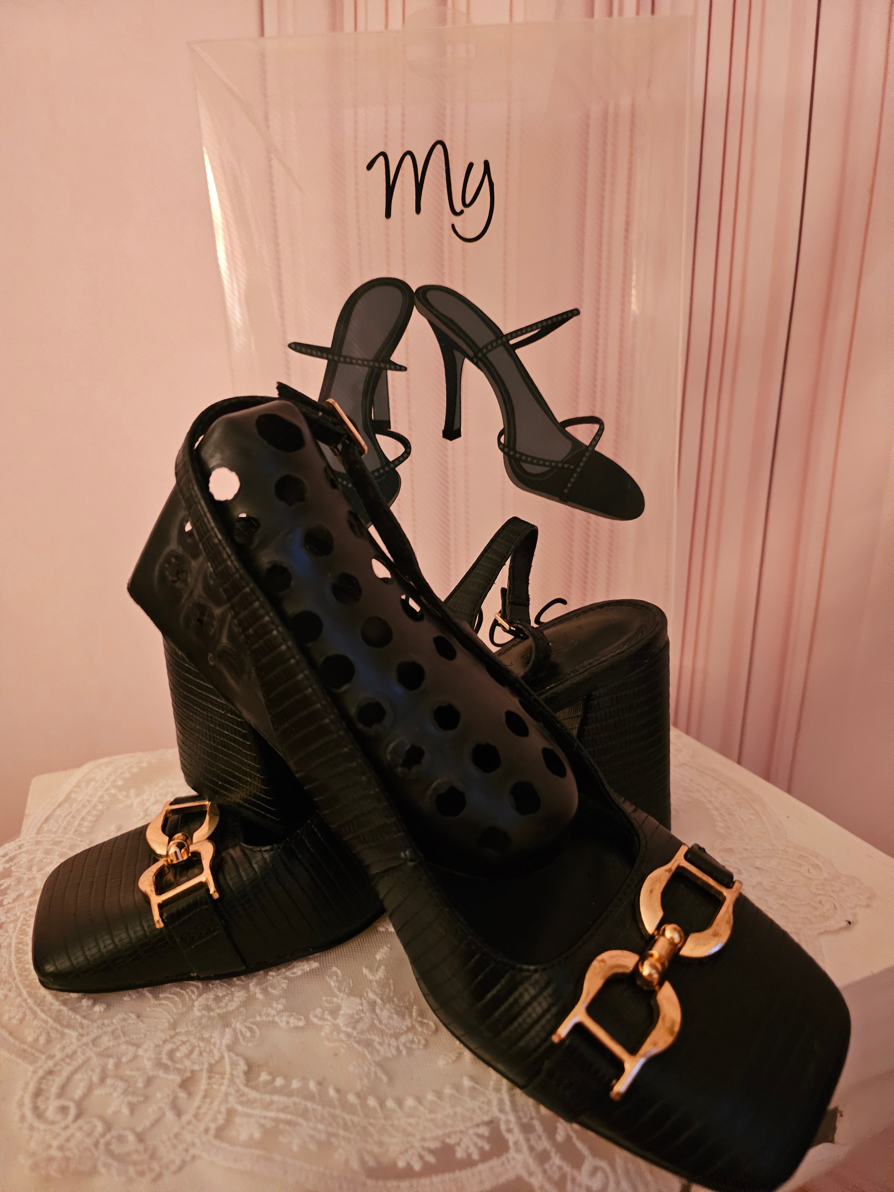 Ladies Black Patent Square Toes Block Heel Slingbacks