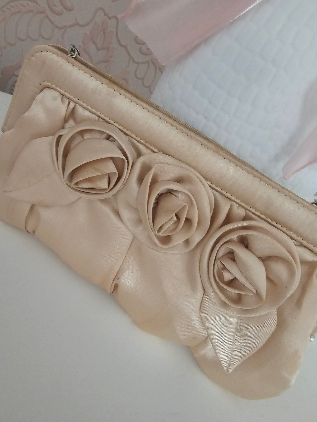 Ladies Beige Satin Rose detailed Clutch purse