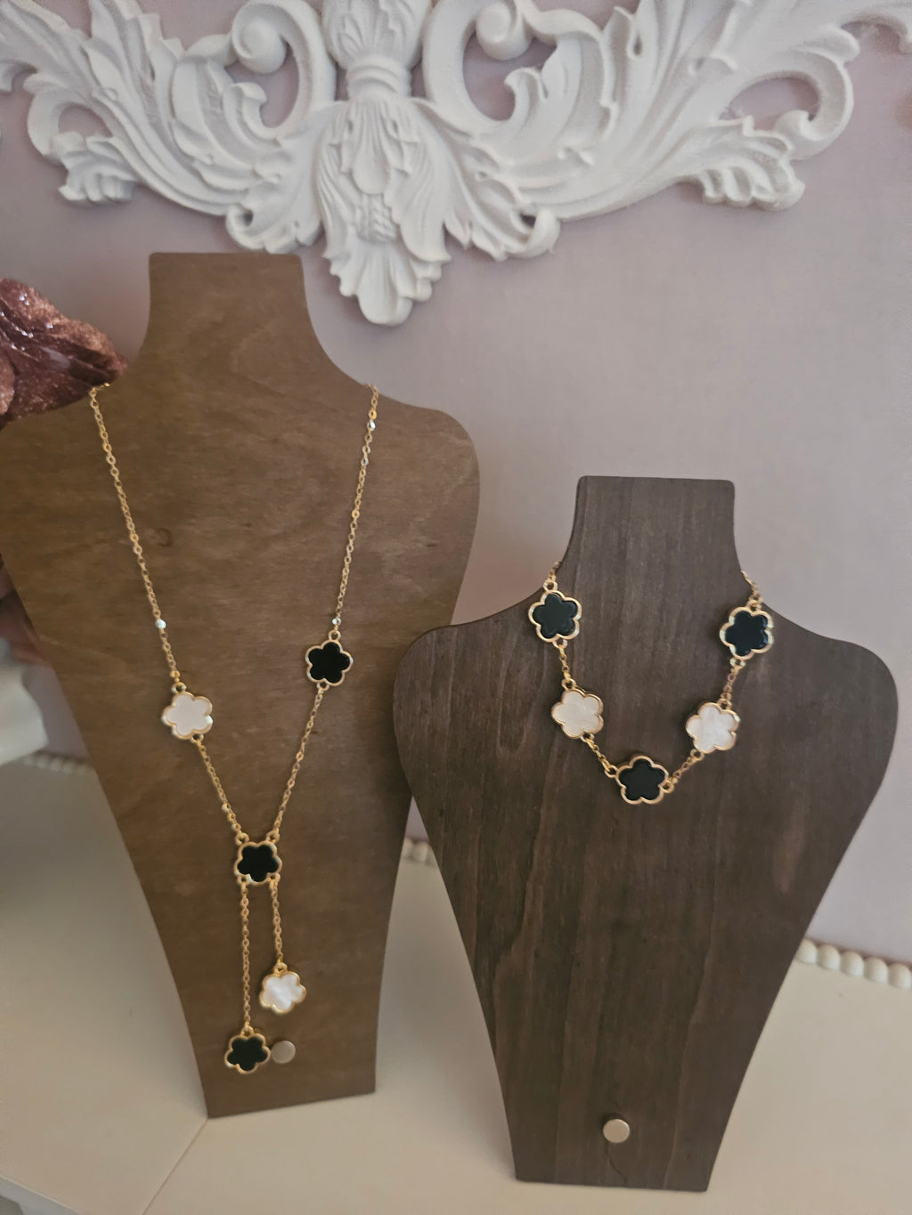 Gold & Black Clover Long Necklace & Matching Bracelet