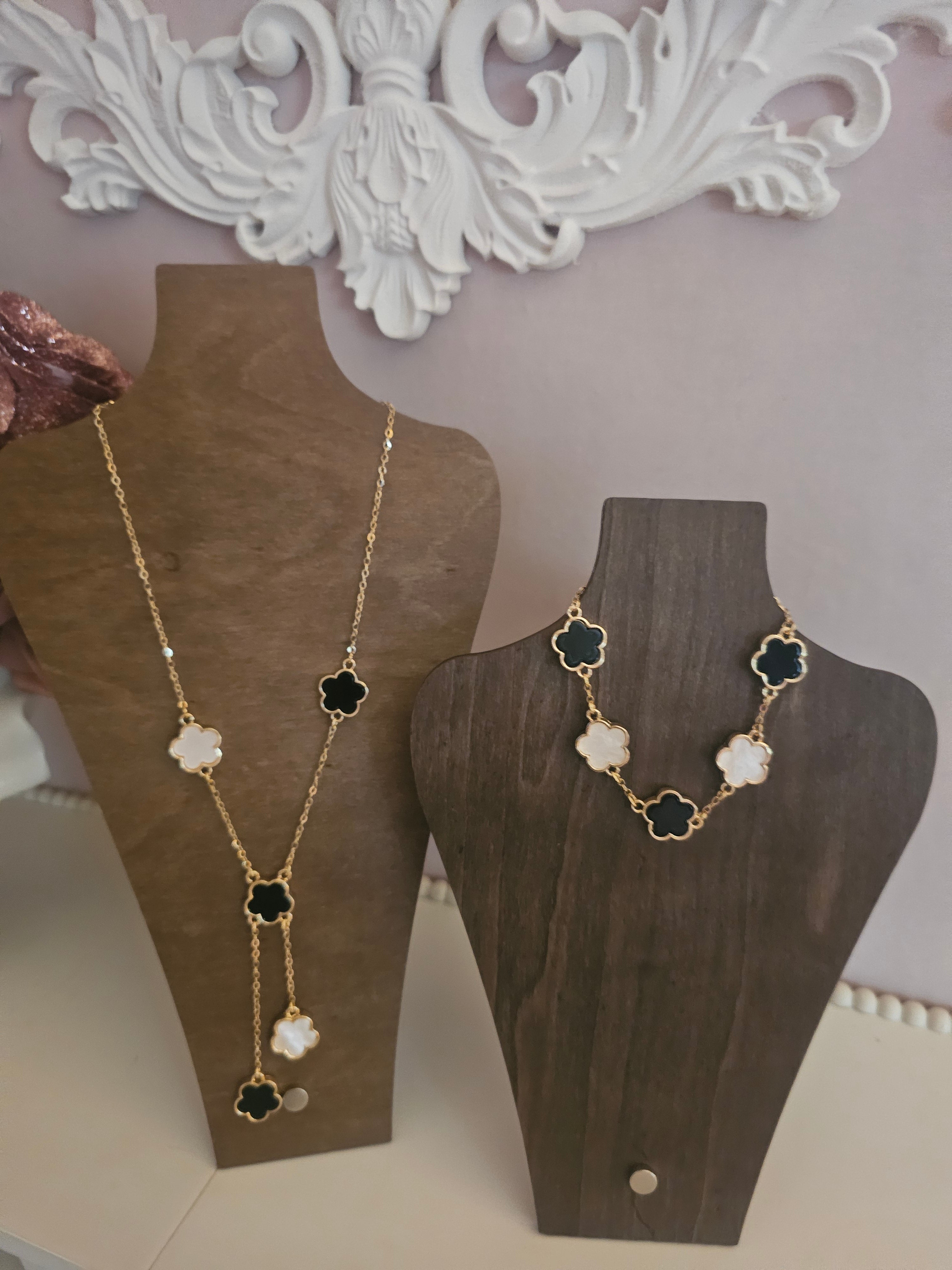 Gold & Black Clover Long Necklace & Matching Bracelet