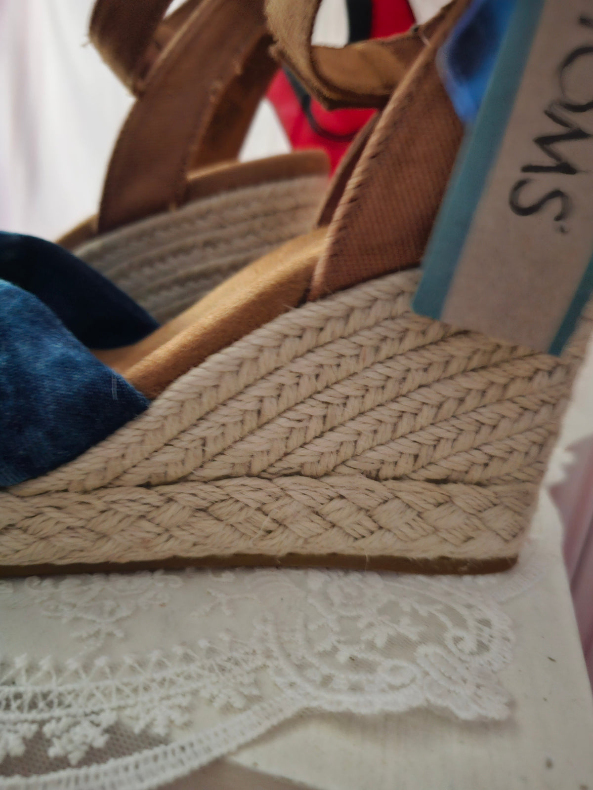 Ladies Toms Blue espadrille Wedges with brown leather ankle strap