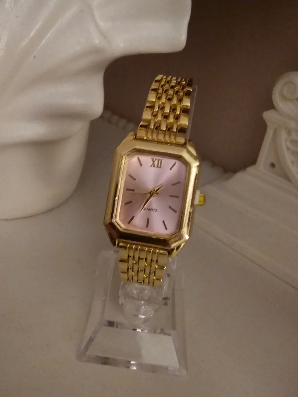 Ladies Gold Chain Bracelet with Pink Square Faced Watch