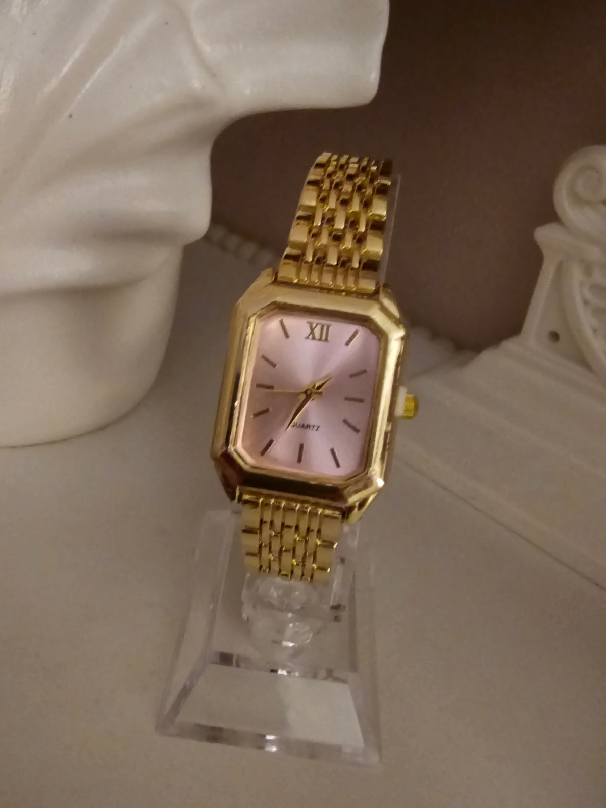 Ladies Gold Chain Bracelet with Pink Square Faced Watch