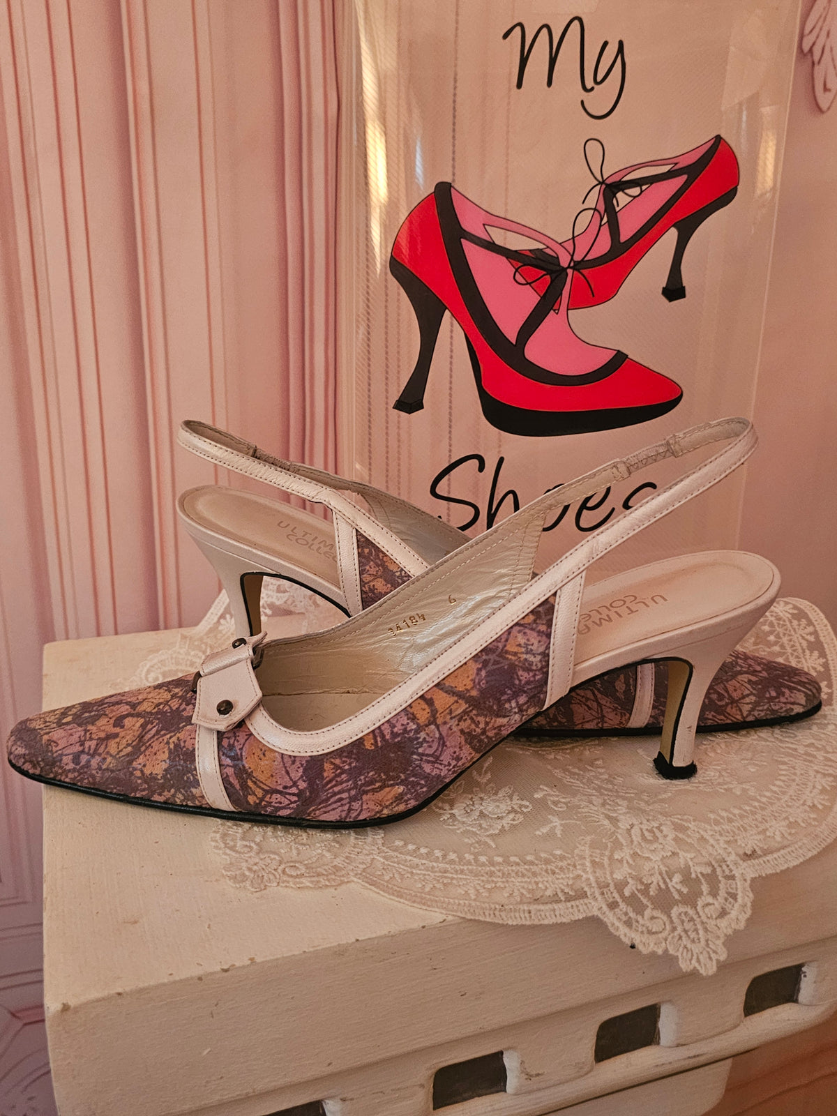 Ladies Ultimate Collection White patterned Slingbacks