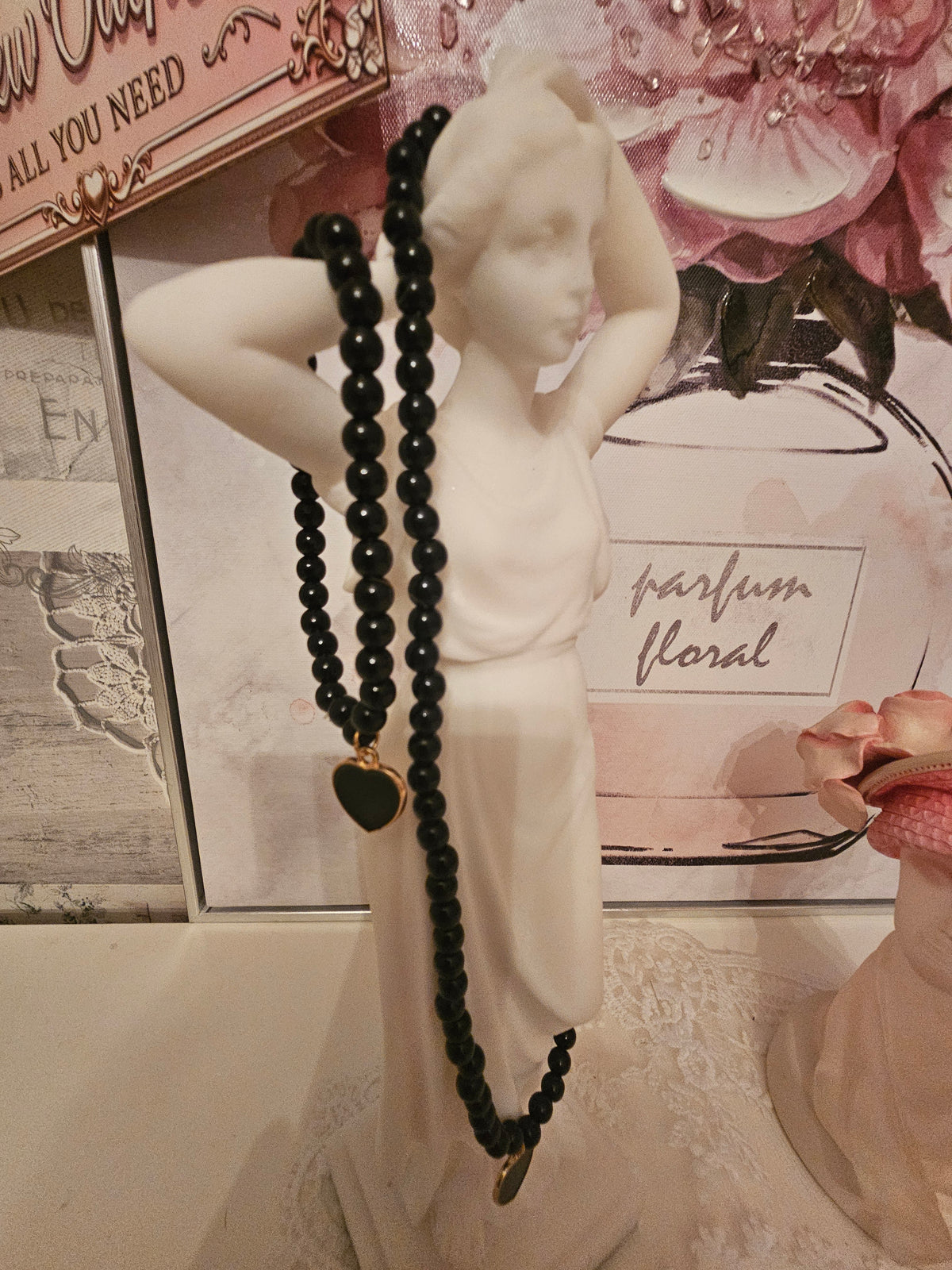 Ladies black pearl necklace with black loveheart pendant with matching bracelet and earrings