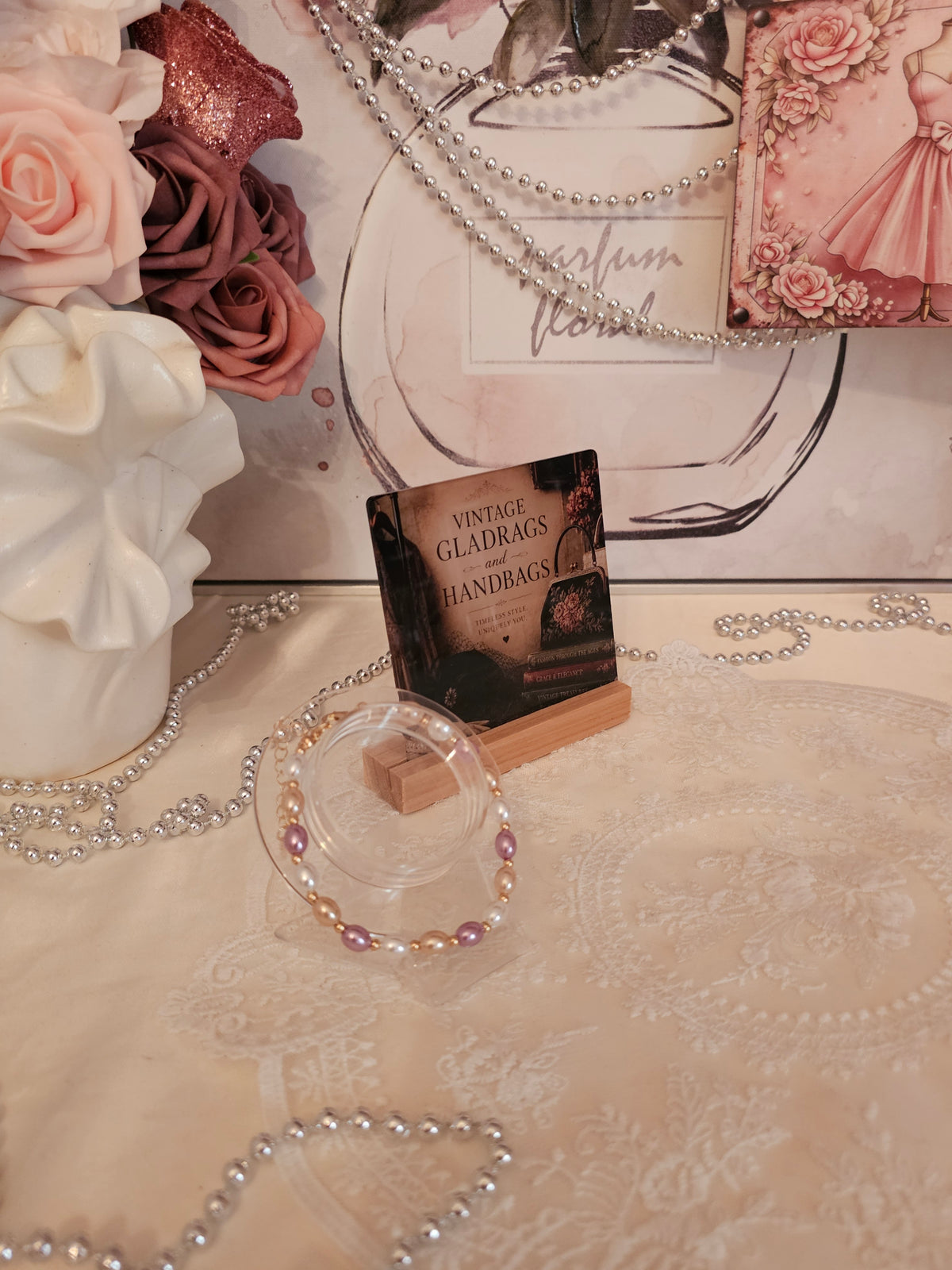 Ladies Pink & White Pearl Bracelet