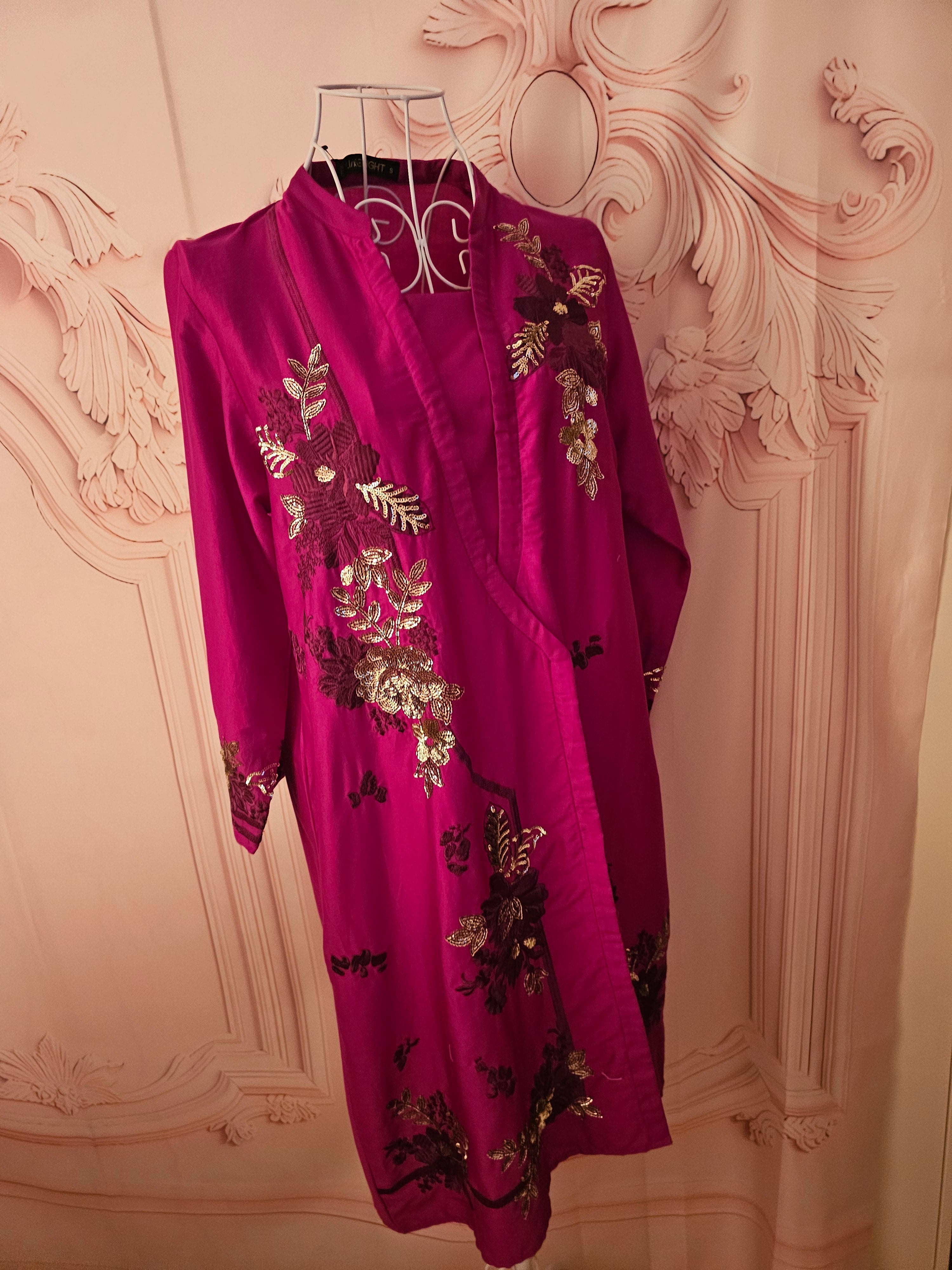 Limelight Cerise Pink Satin Embroidered Dress — 3/4 Sleeve — Size S