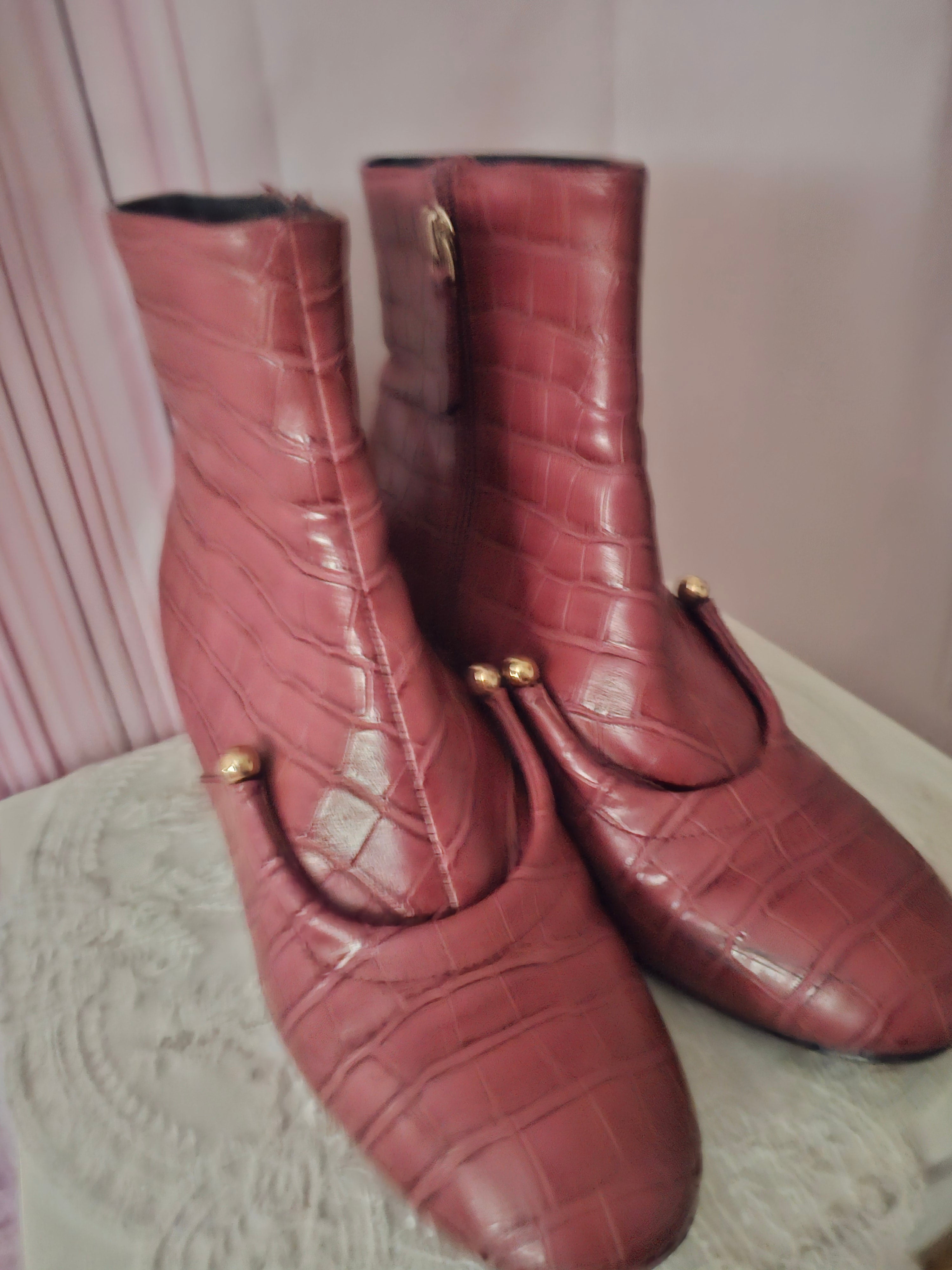 Pink Crocodile Skin Paitent Ankle Boots