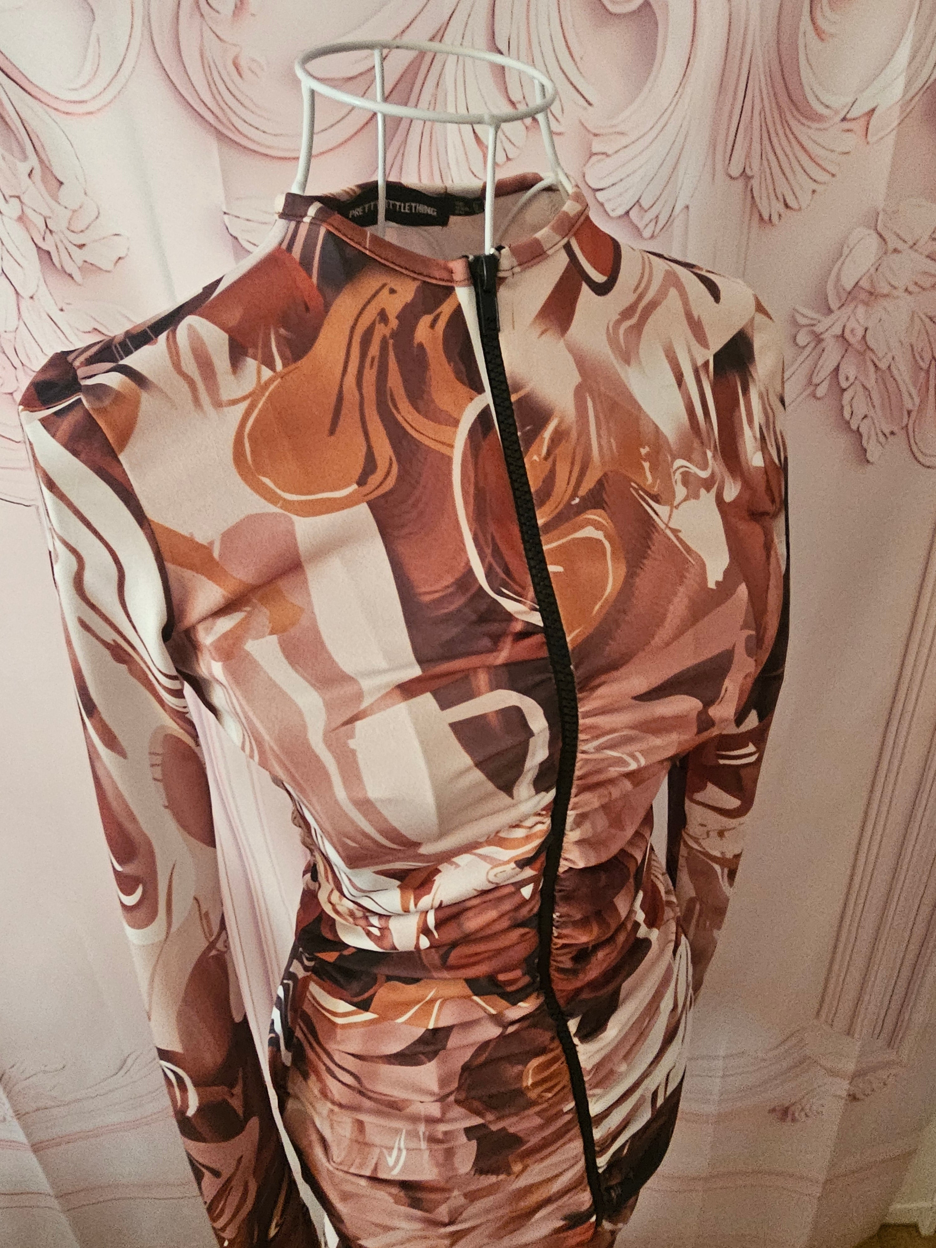 Ladies Pretty Little Thing Cream & Brown Cocktail Dress