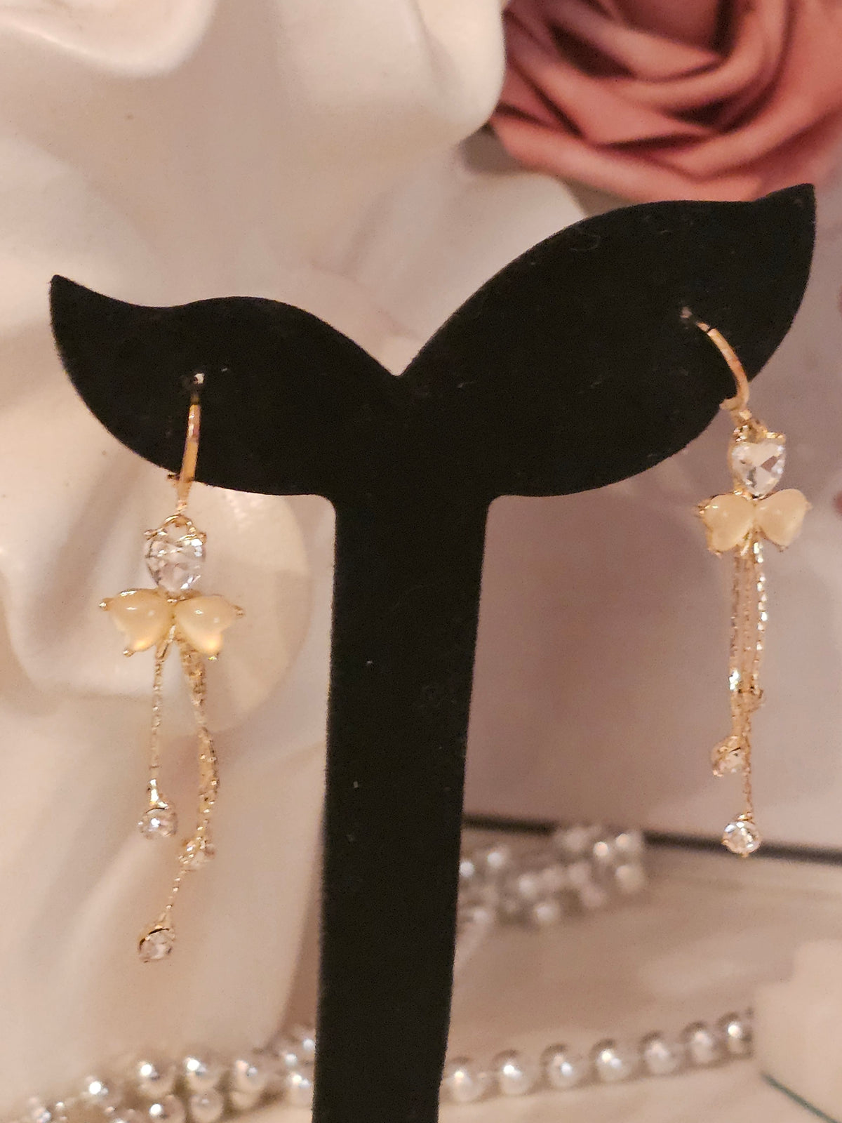 Ladies Gold Elegant Bow and Crystal Droplet Earrings