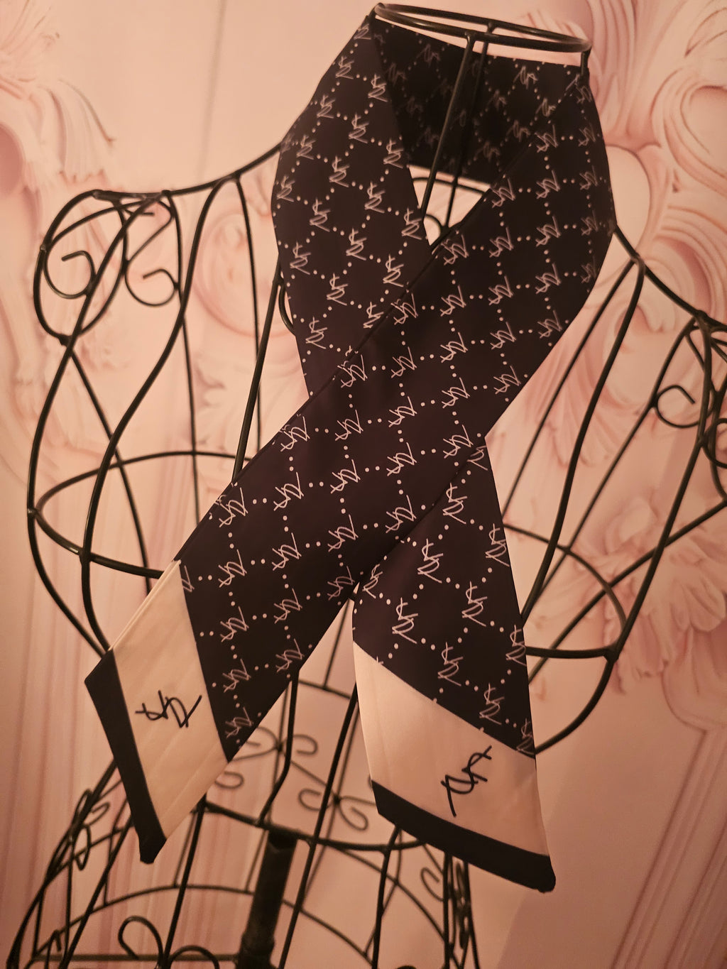 Ladies Black & Cream Silk Neck Tie Scarf