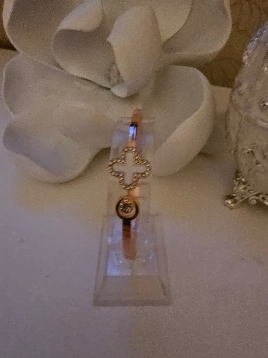 Ladies Rose Gold & White Cross Design Solid Bangle
