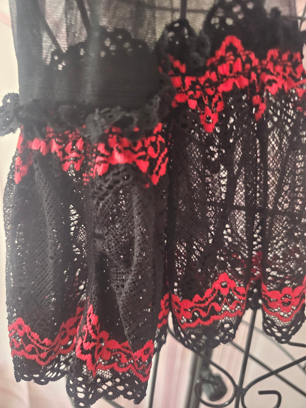 Ladies Red & Black Lacy Underwear  Set with Matching Stockings