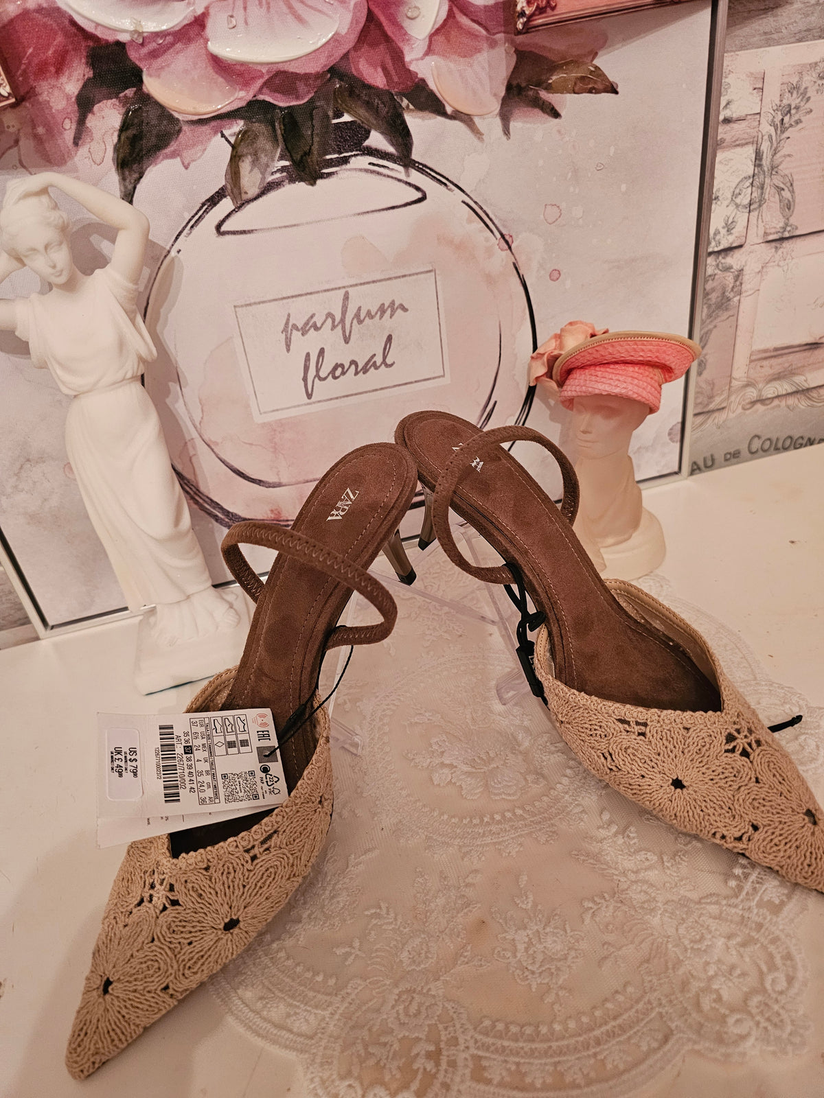 Ladies Zara Brown and Cream suede Slingback Heels
