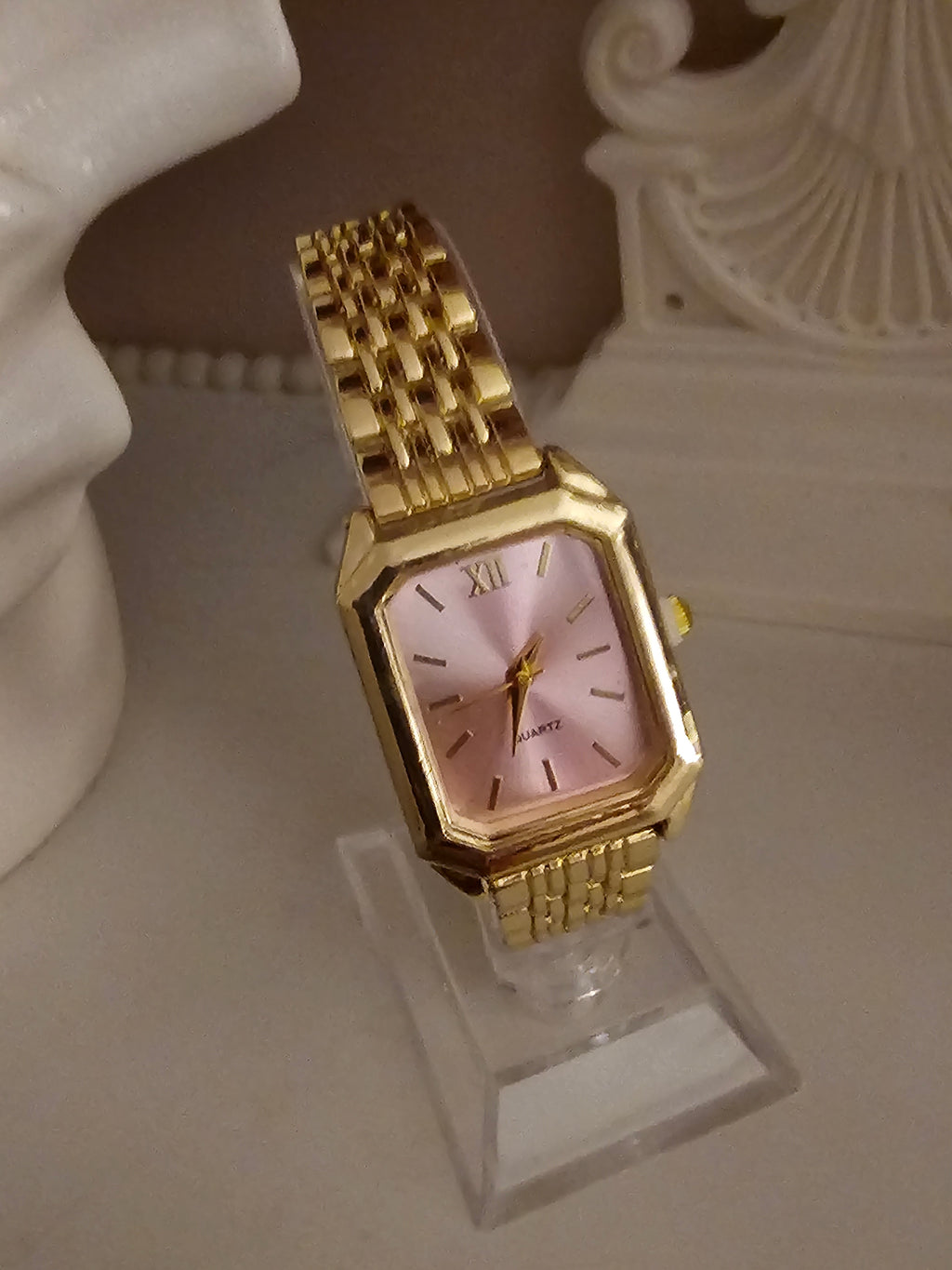 Ladies Gold Chain Bracelet with Pink Square Faced Watch