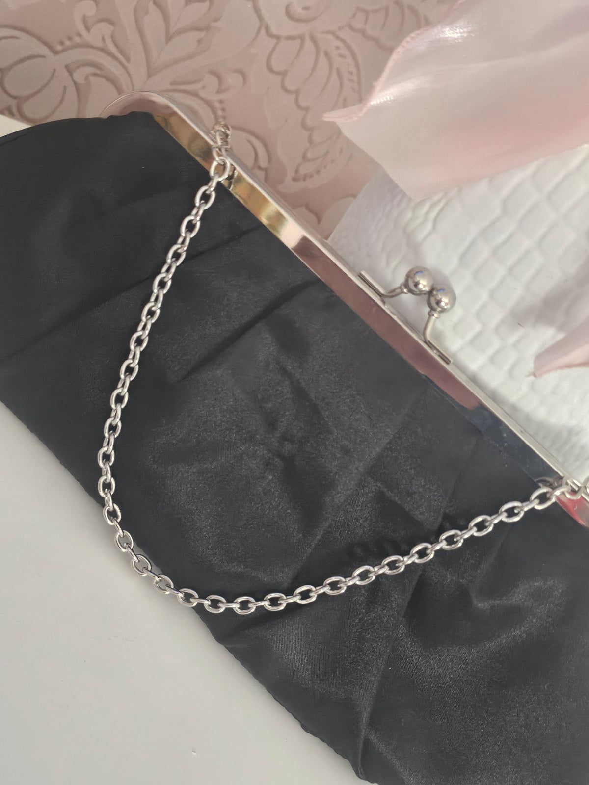 Ladies Black Satin with silver chain strap evening bag