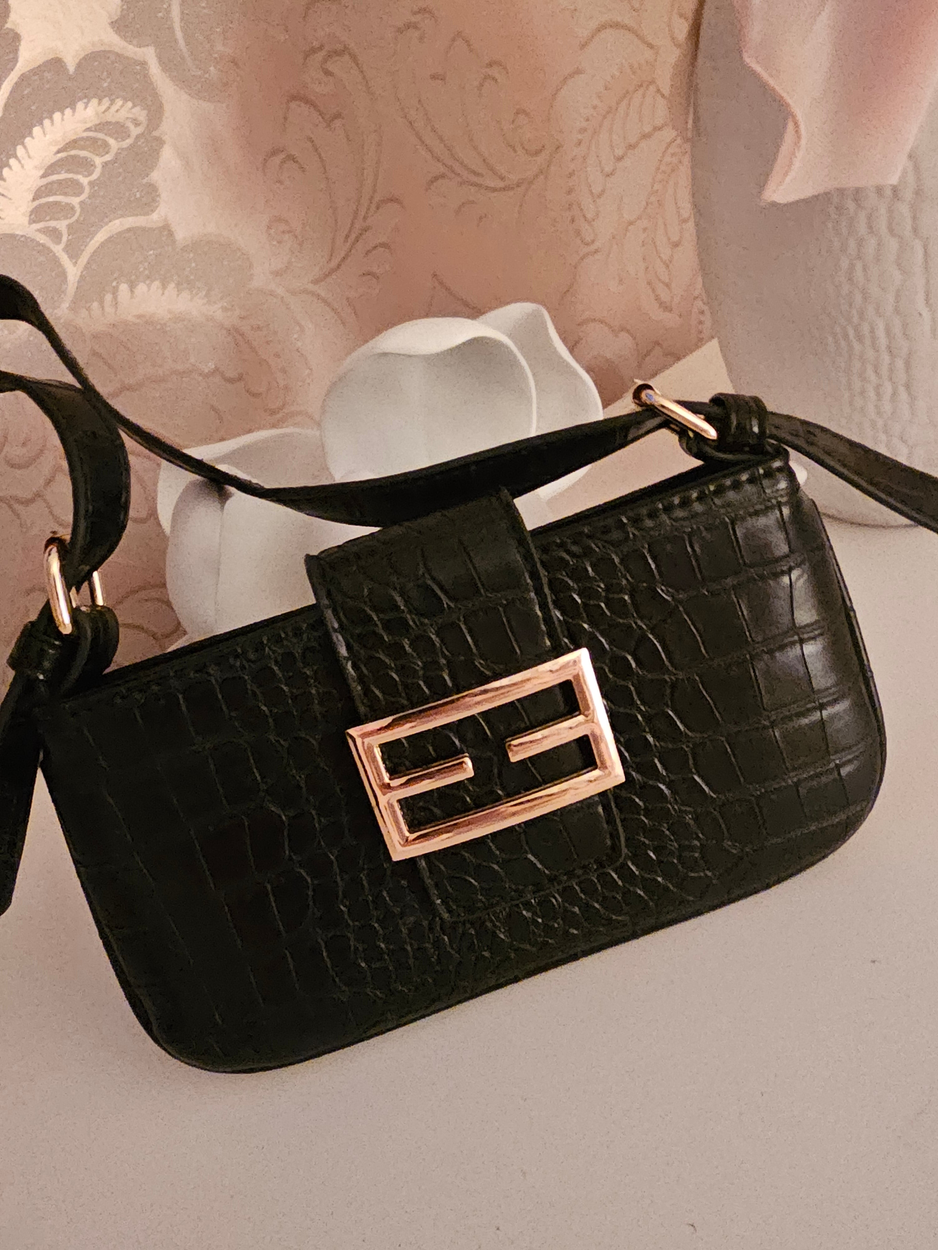 Vintage Black Croc-Effect Evening Bag — Gold Buckle Clasp