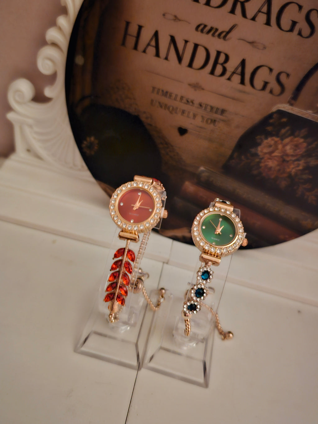 Ladies Diamonte Jewelled Watches with Chain Bracelet x2