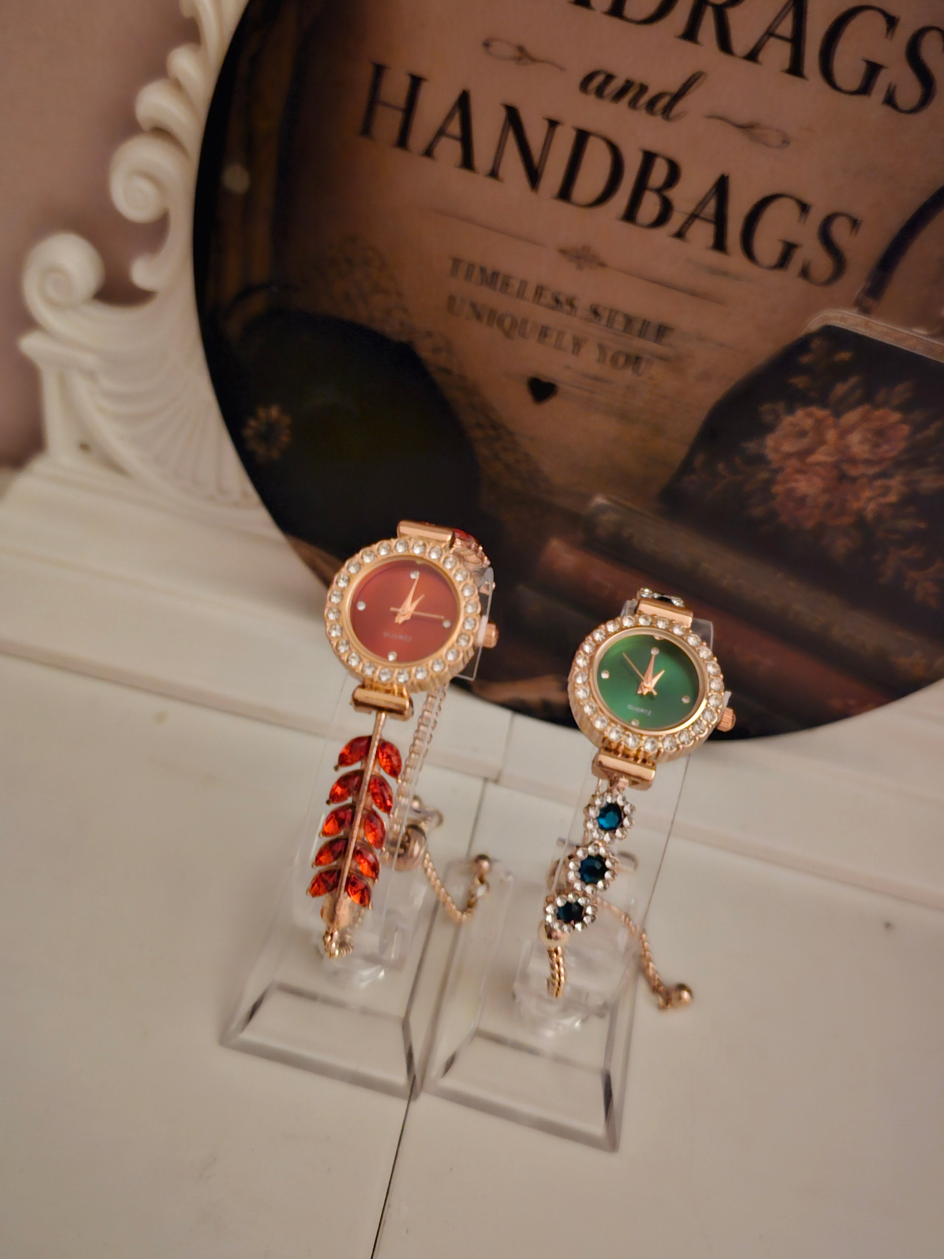 Ladies Diamonte Jewelled Watches with Chain Bracelet x2