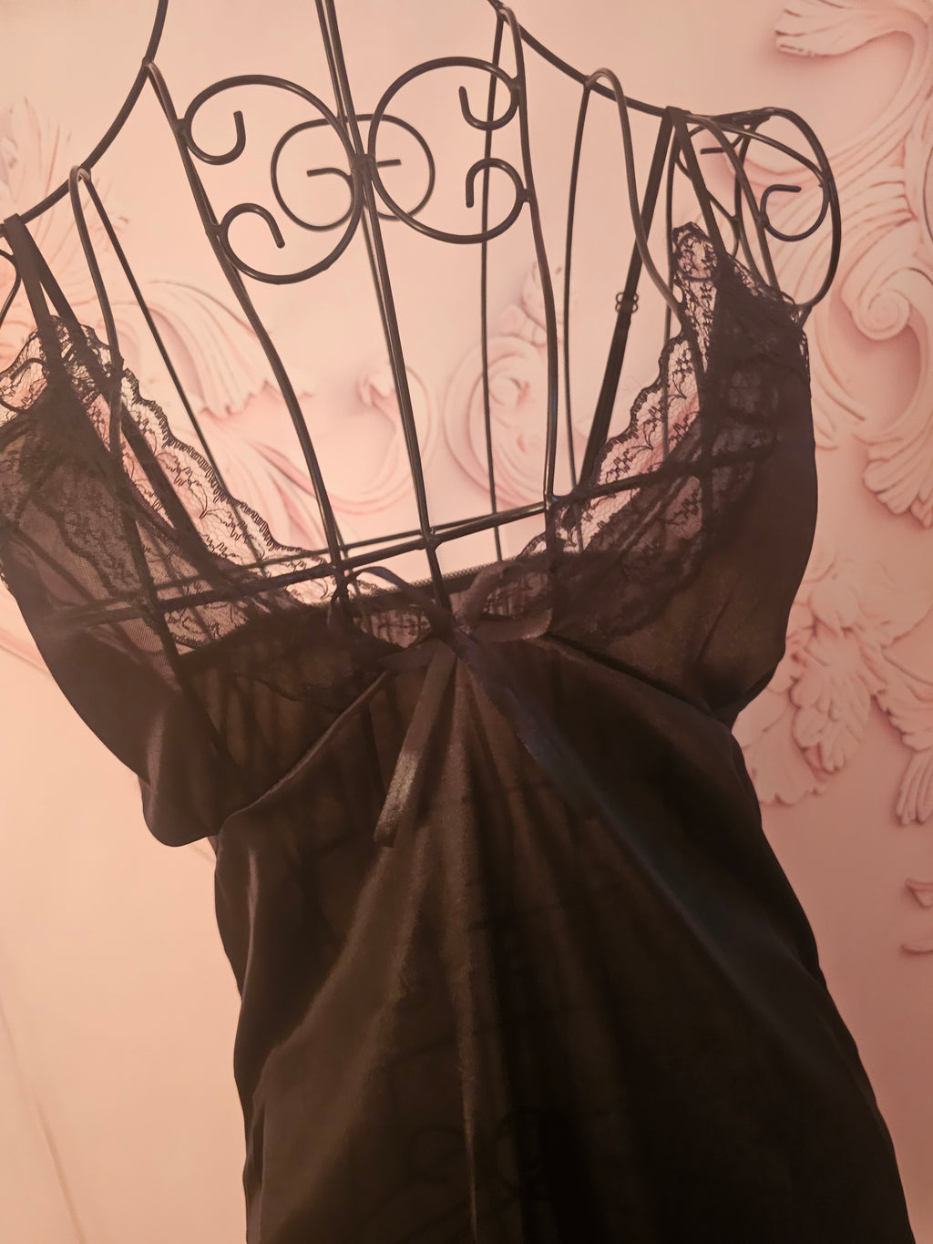 Ladies Black Silky Night Slip with Matching Gstring