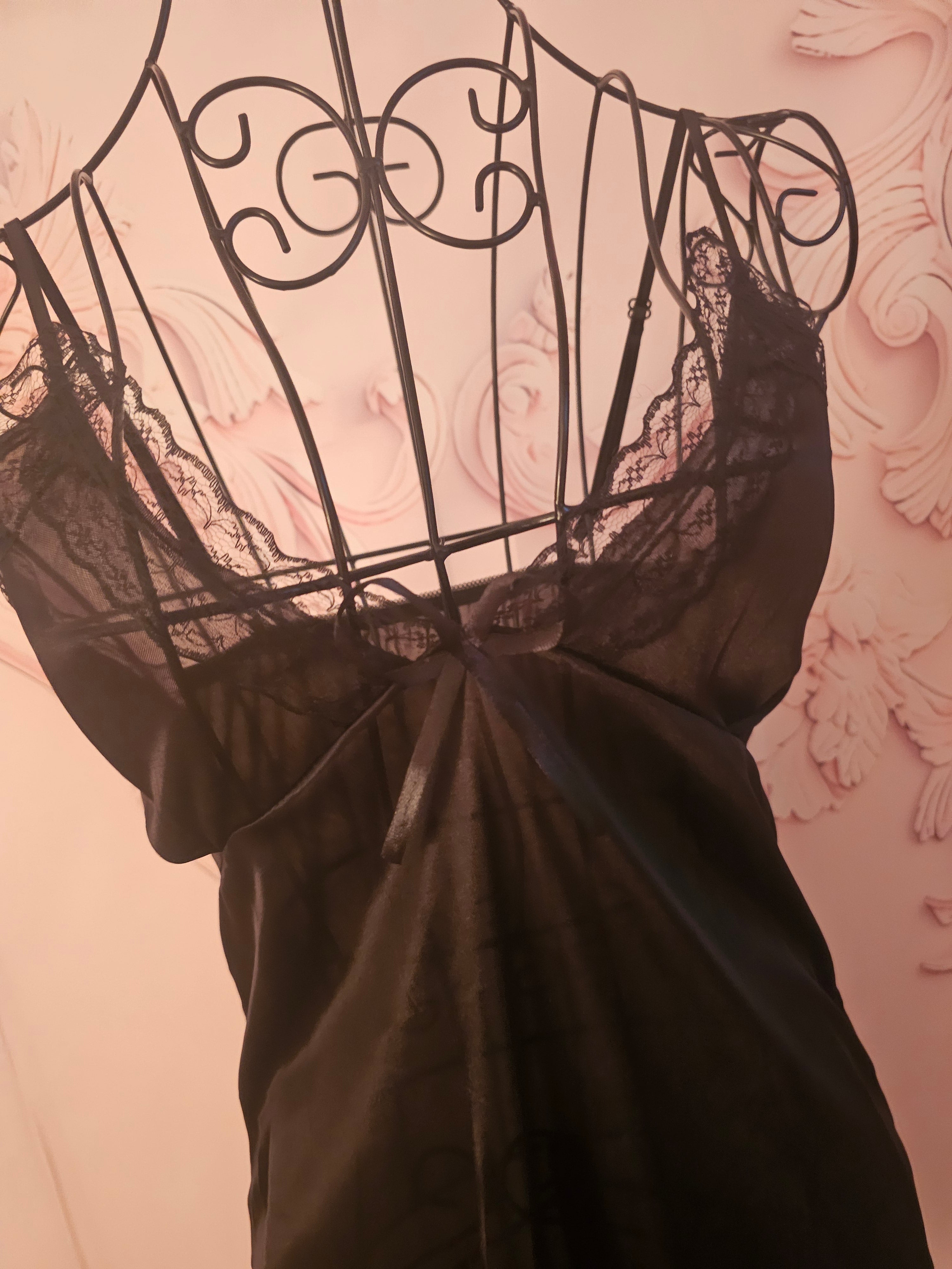 Ladies Black Silky Night Slip with Matching Gstring