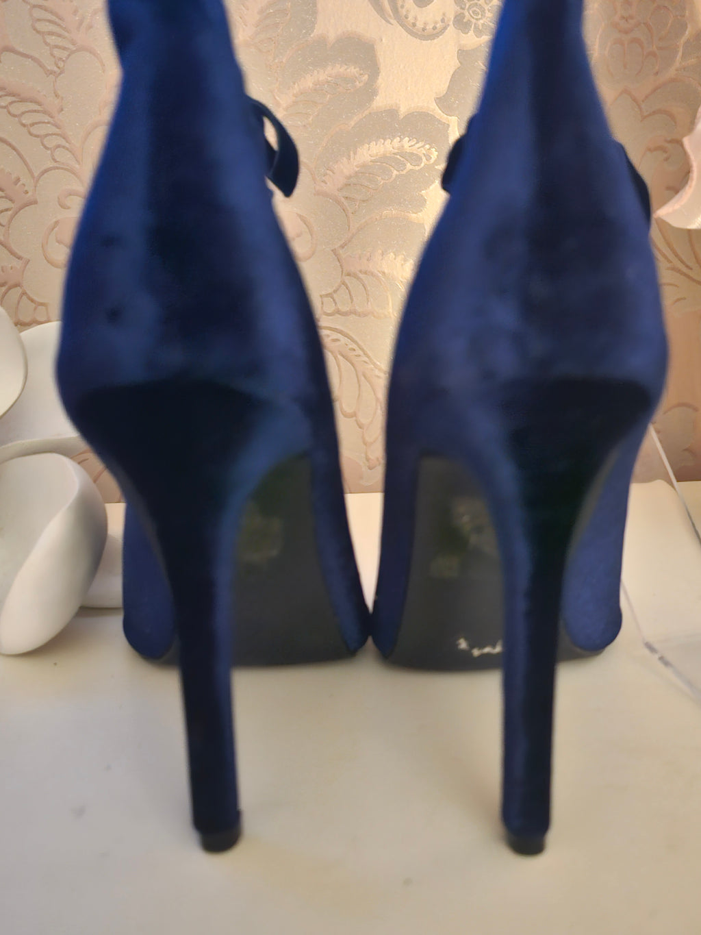 Ladies Glamourous Navy Blue Velvet Toeless Stiletto Ankle Boots
