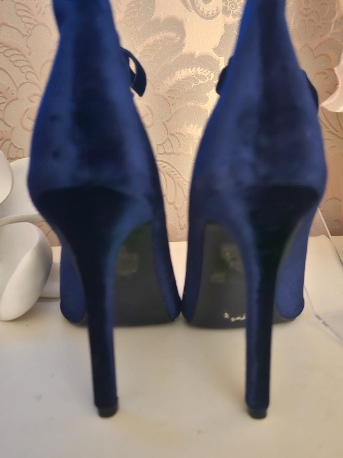 Ladies Glamourous Navy Blue Velvet Toeless Stiletto Ankle Boots
