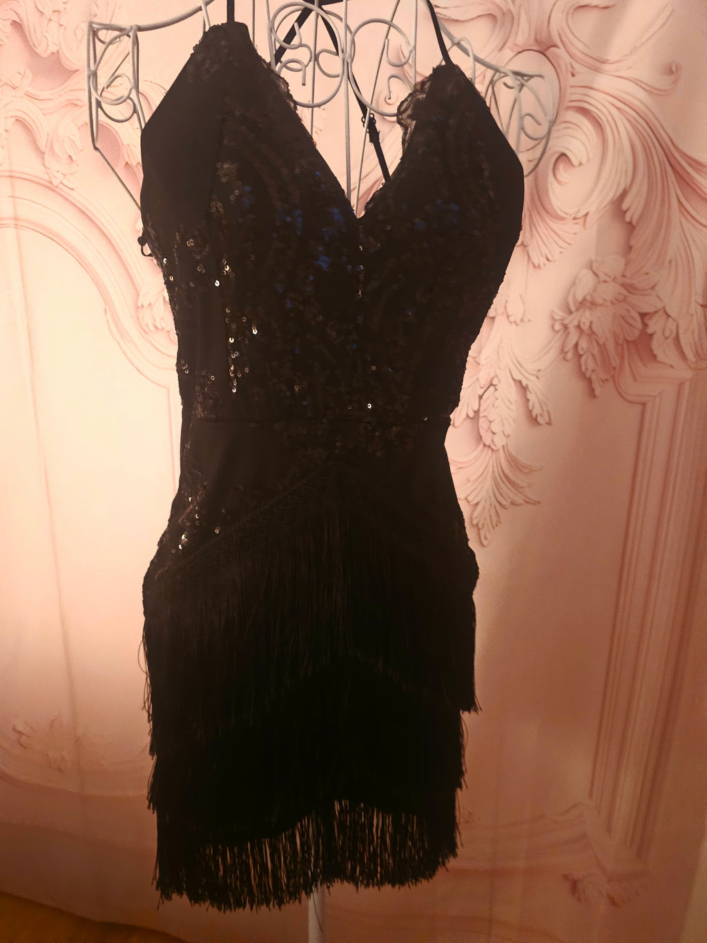 Ladies black evening sequenced fringed cocktail dress