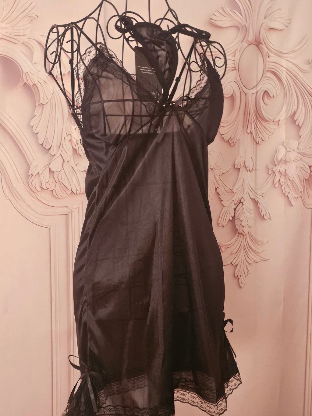 Ladies Black Silky Night Slip with Matching Gstring