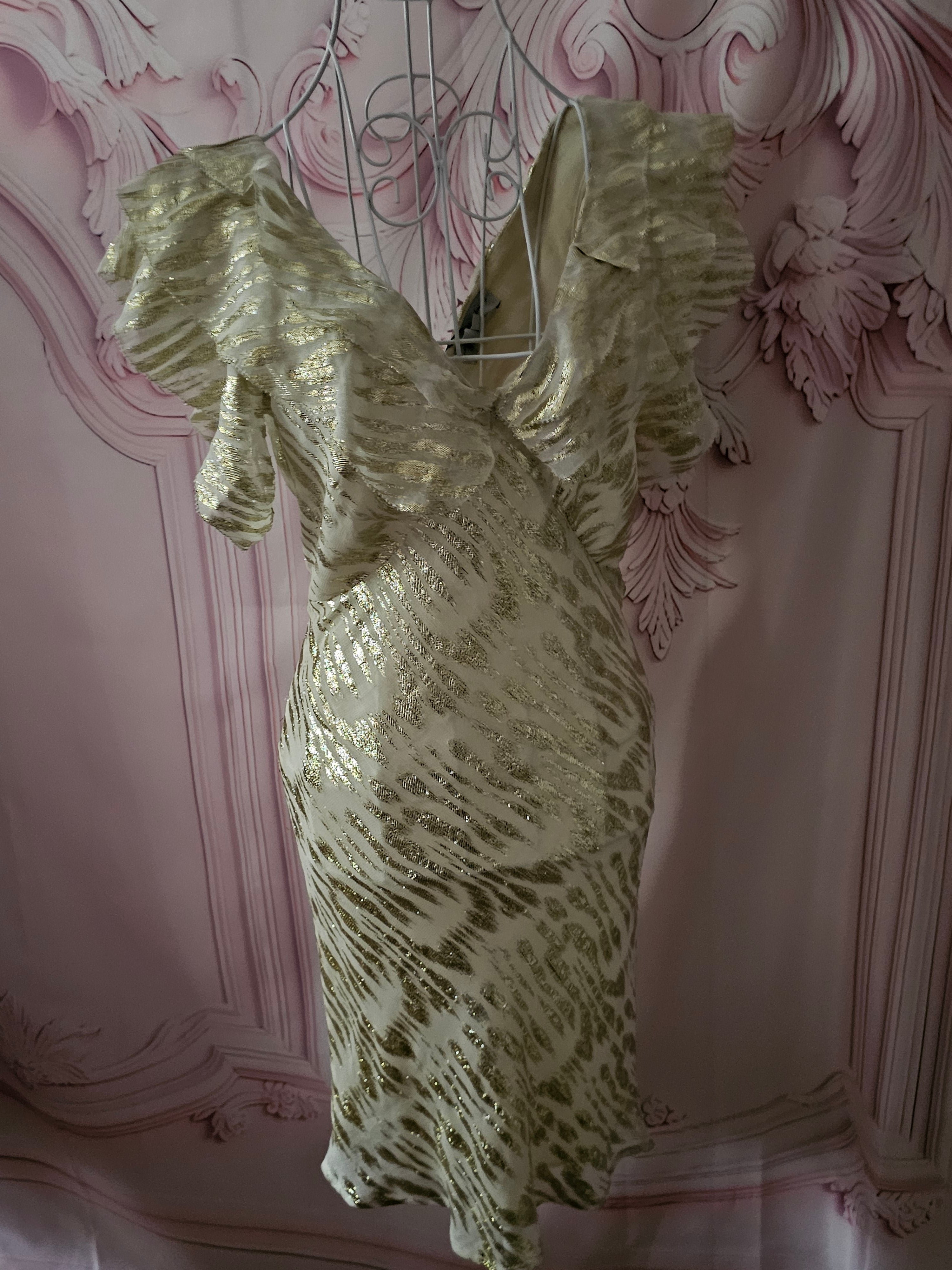 Ladies Gold Shimmering Never Fully Dressed Jacquered Evening Gown