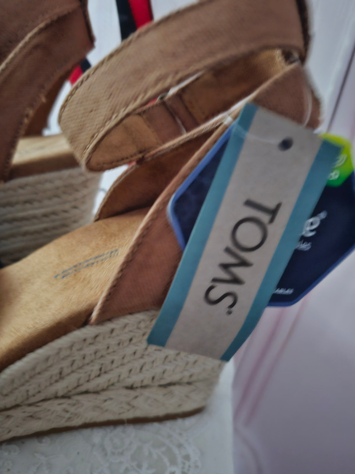 Ladies Toms Blue espadrille Wedges with brown leather ankle strap