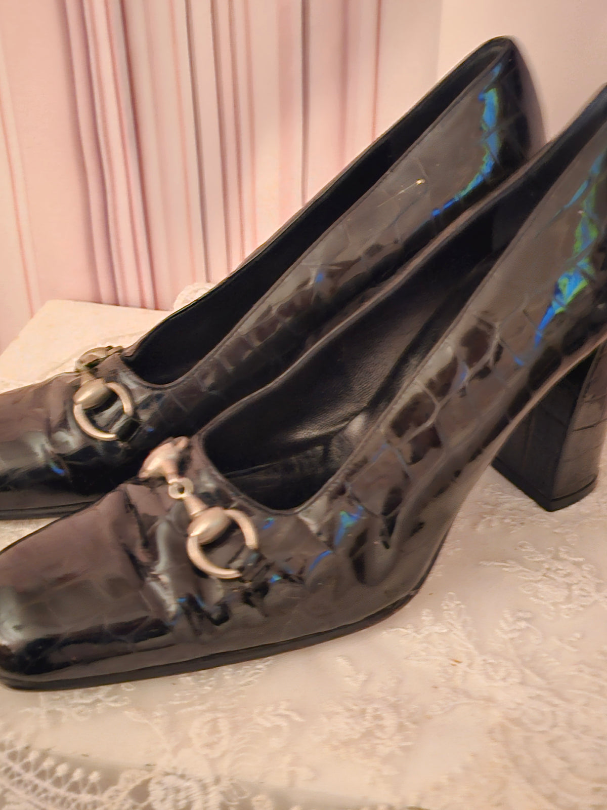 Ladies Russell & Bromley Black Paitent Crocodile Block Heels