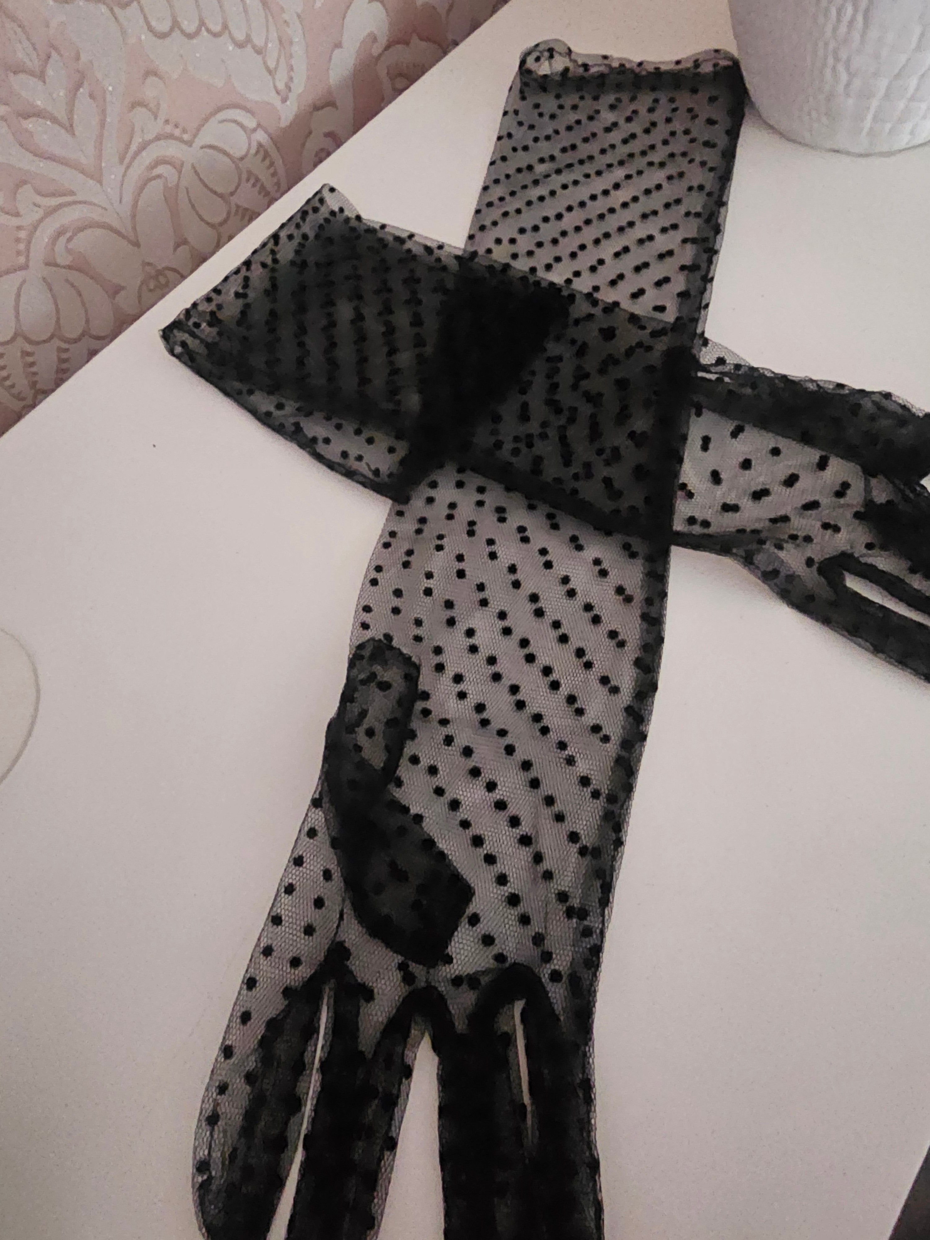 Ladies Black Long Polka Dot design Evening Gloves