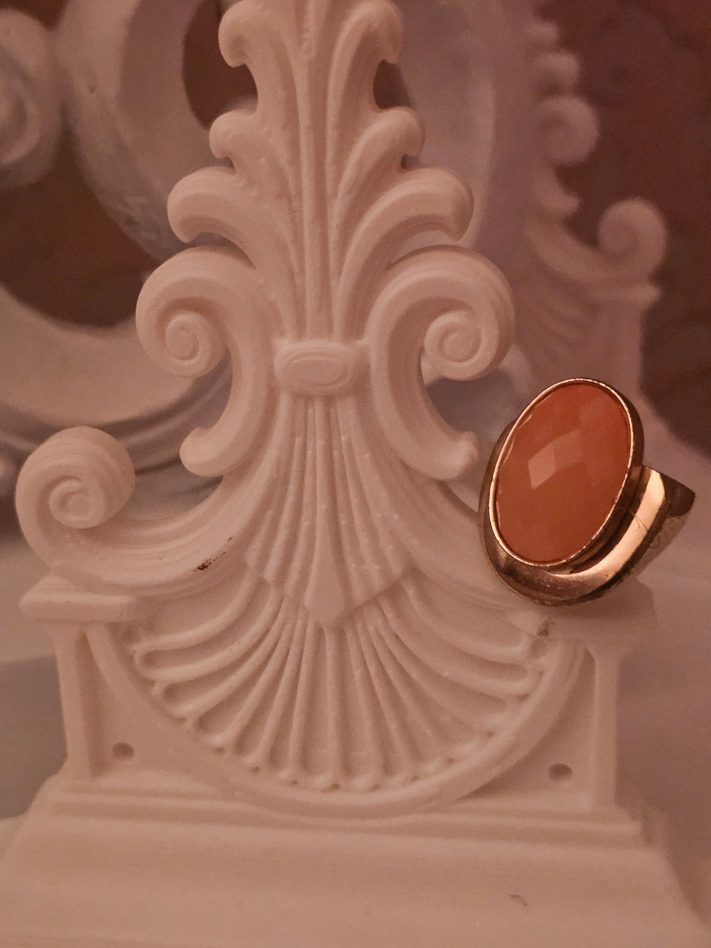 Ladies large coral stone gold plated dress ring