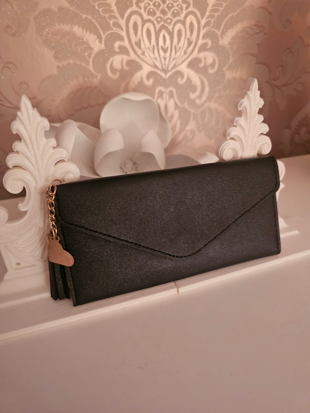 Ladies Black Large Purse with Gold heart & Tassel Detail