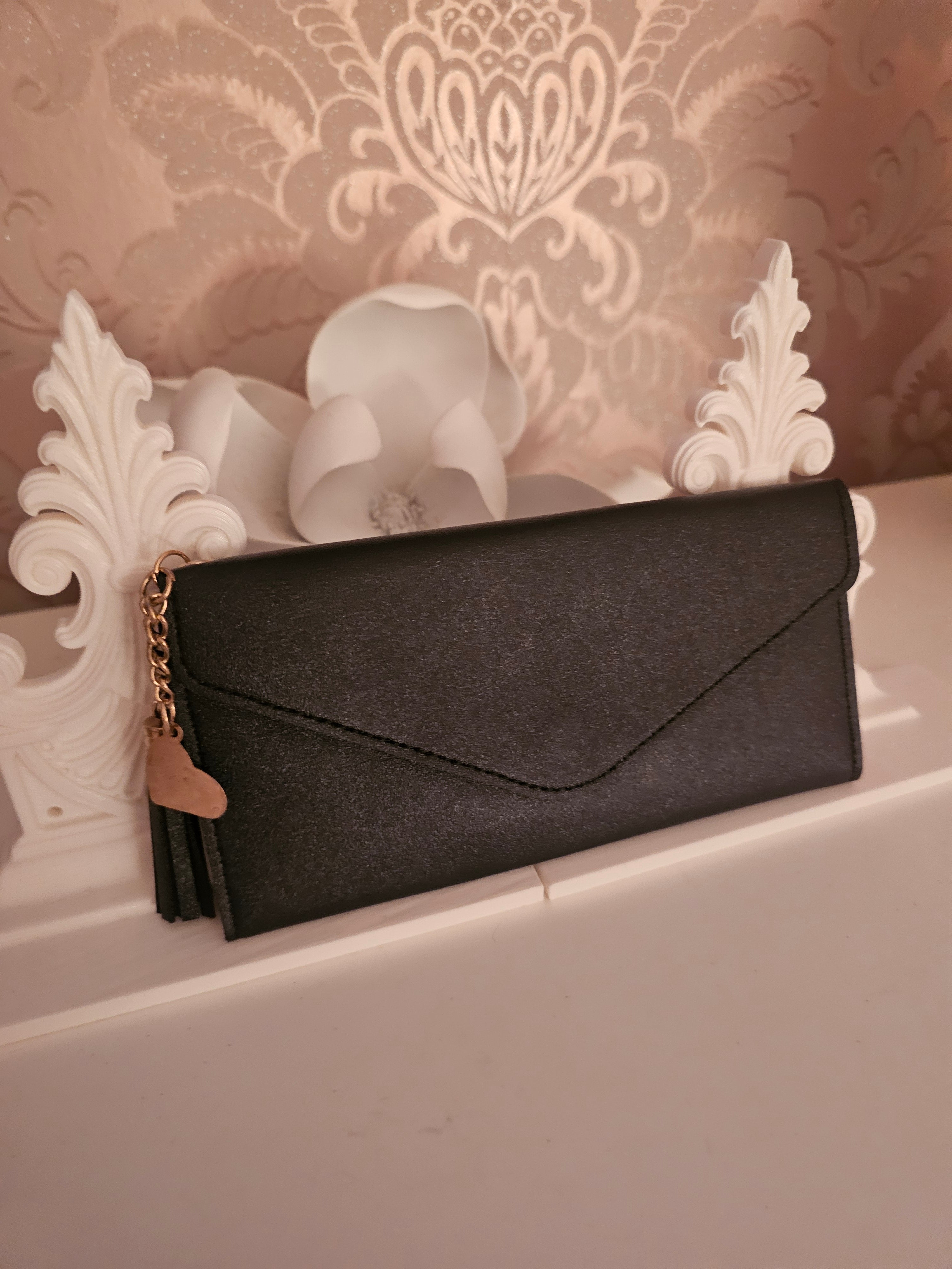Ladies Black Large Purse with Gold heart & Tassel Detail