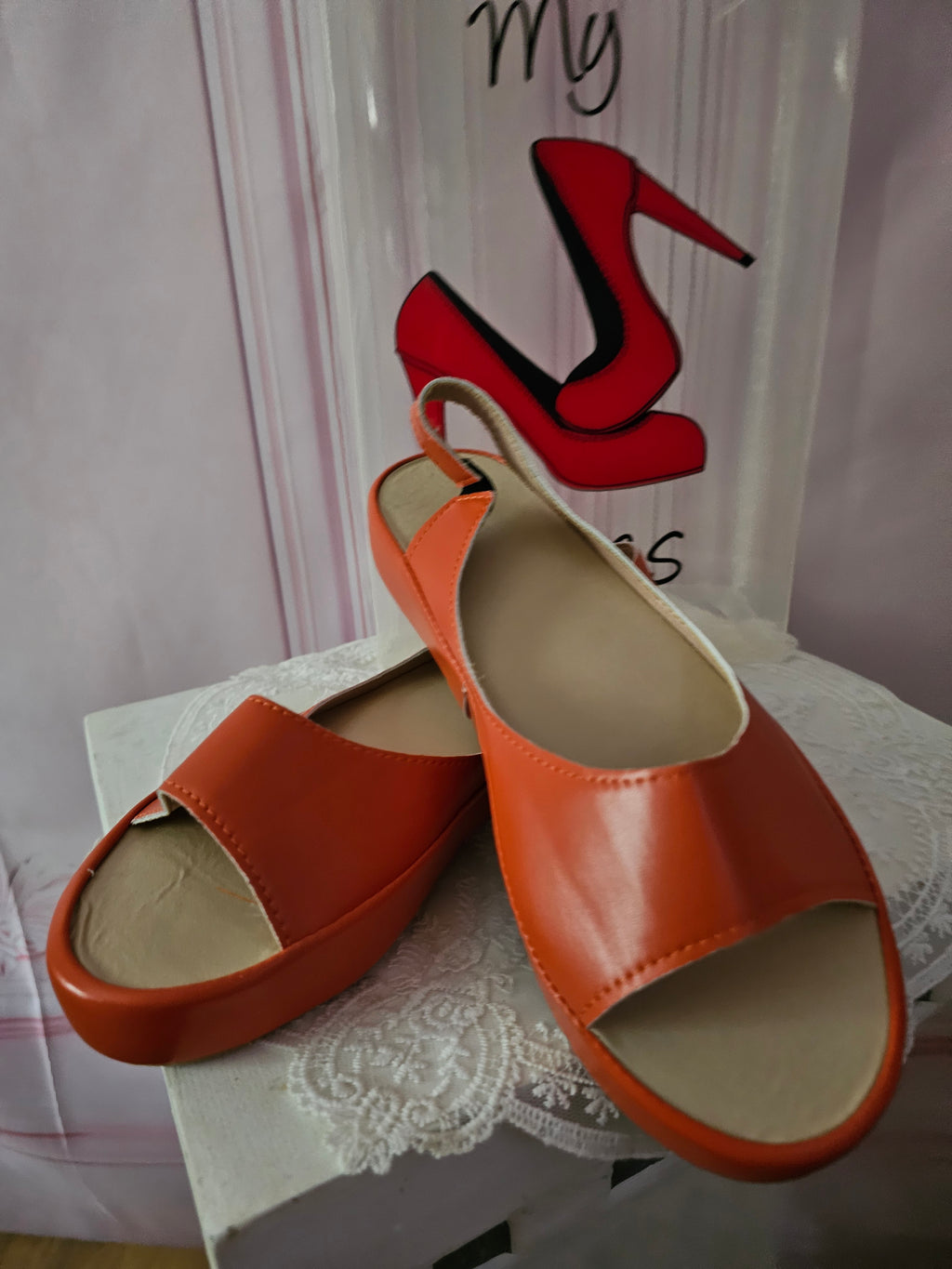 Ladies orange toeless platform slingbacks