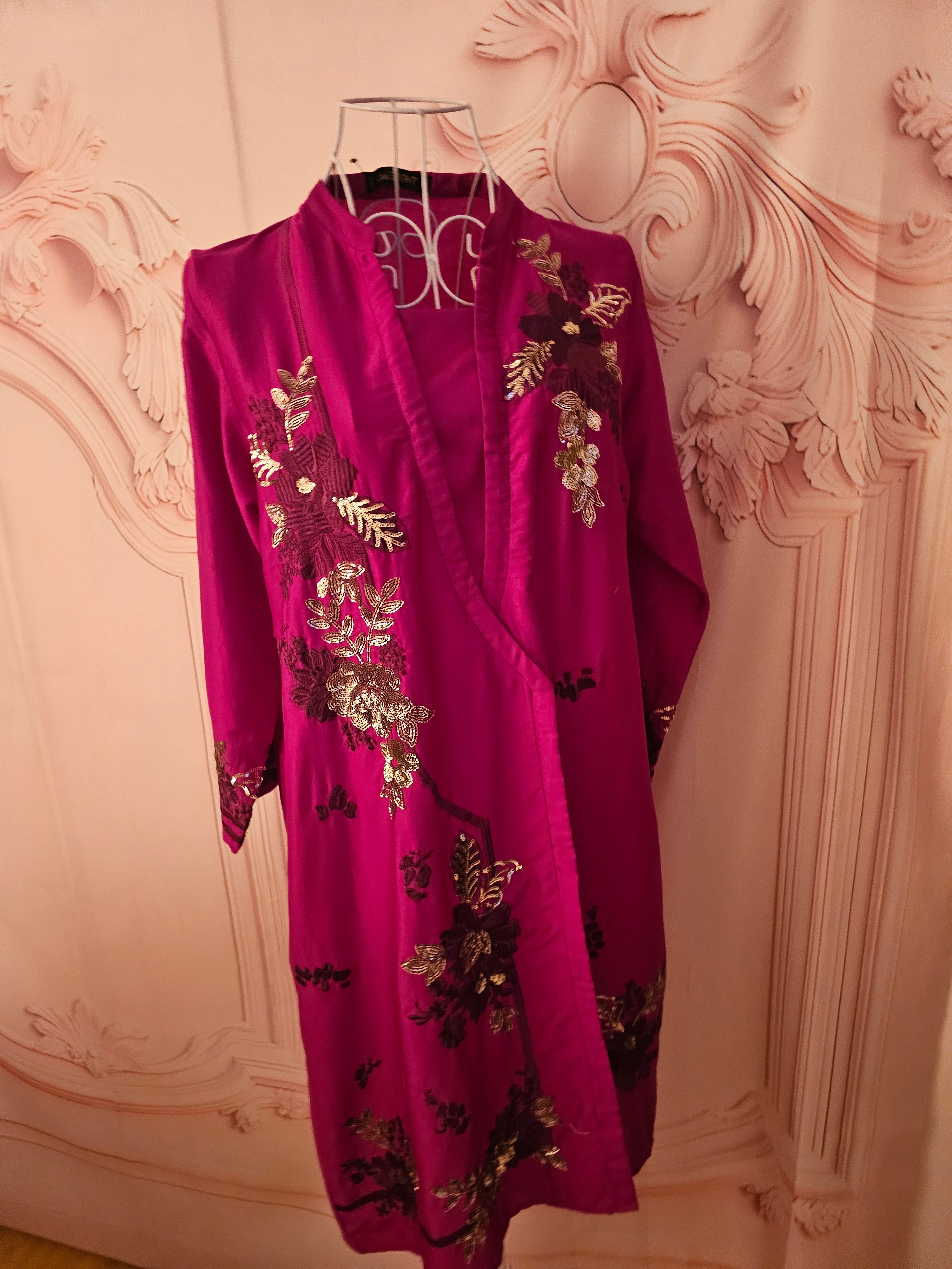 Limelight Cerise Pink Satin Embroidered Dress — 3/4 Sleeve — Size S