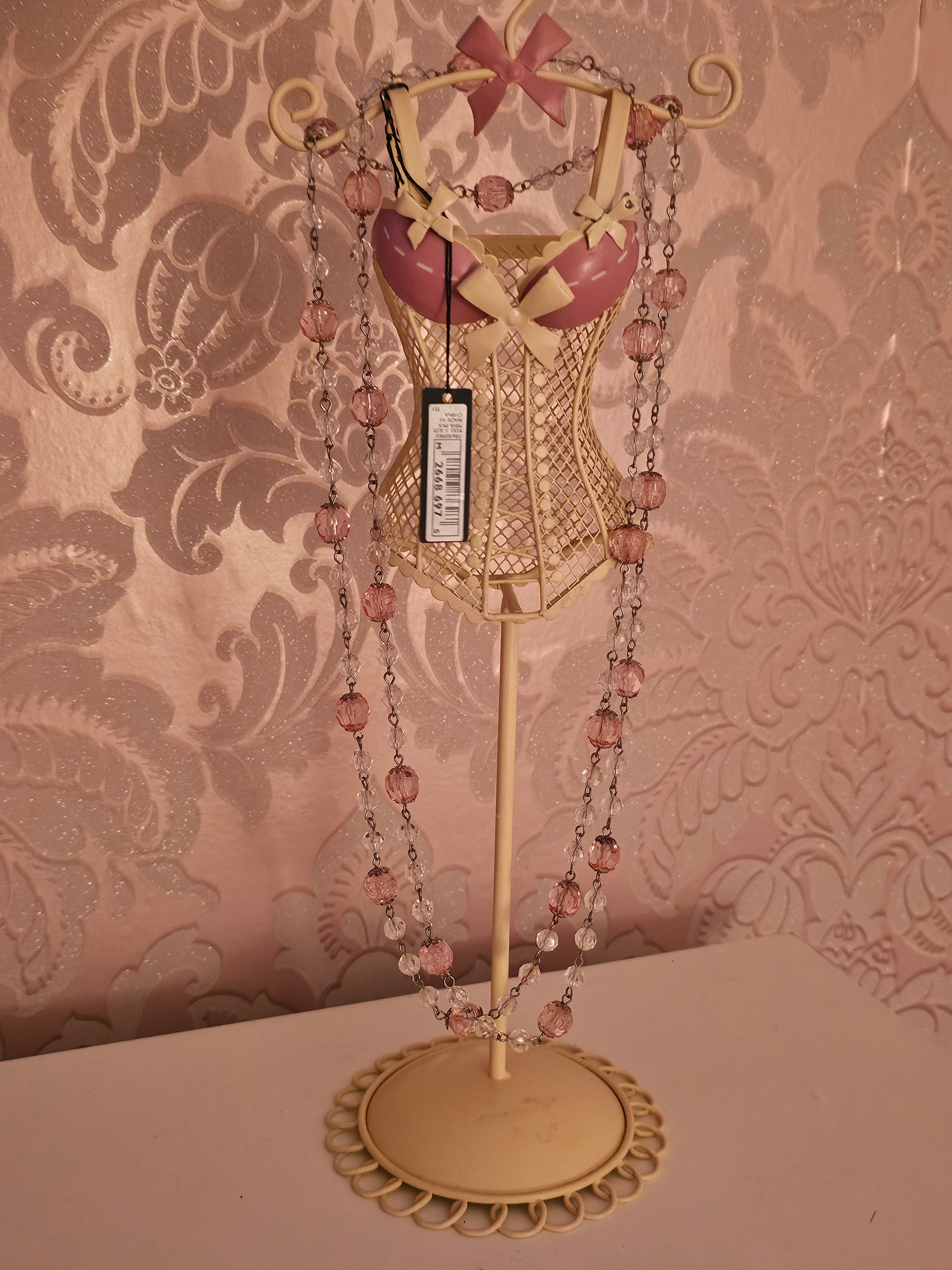 Ladies Marks & Spencer Jewellery Holder with Pink with Clear Beads Long Necklace