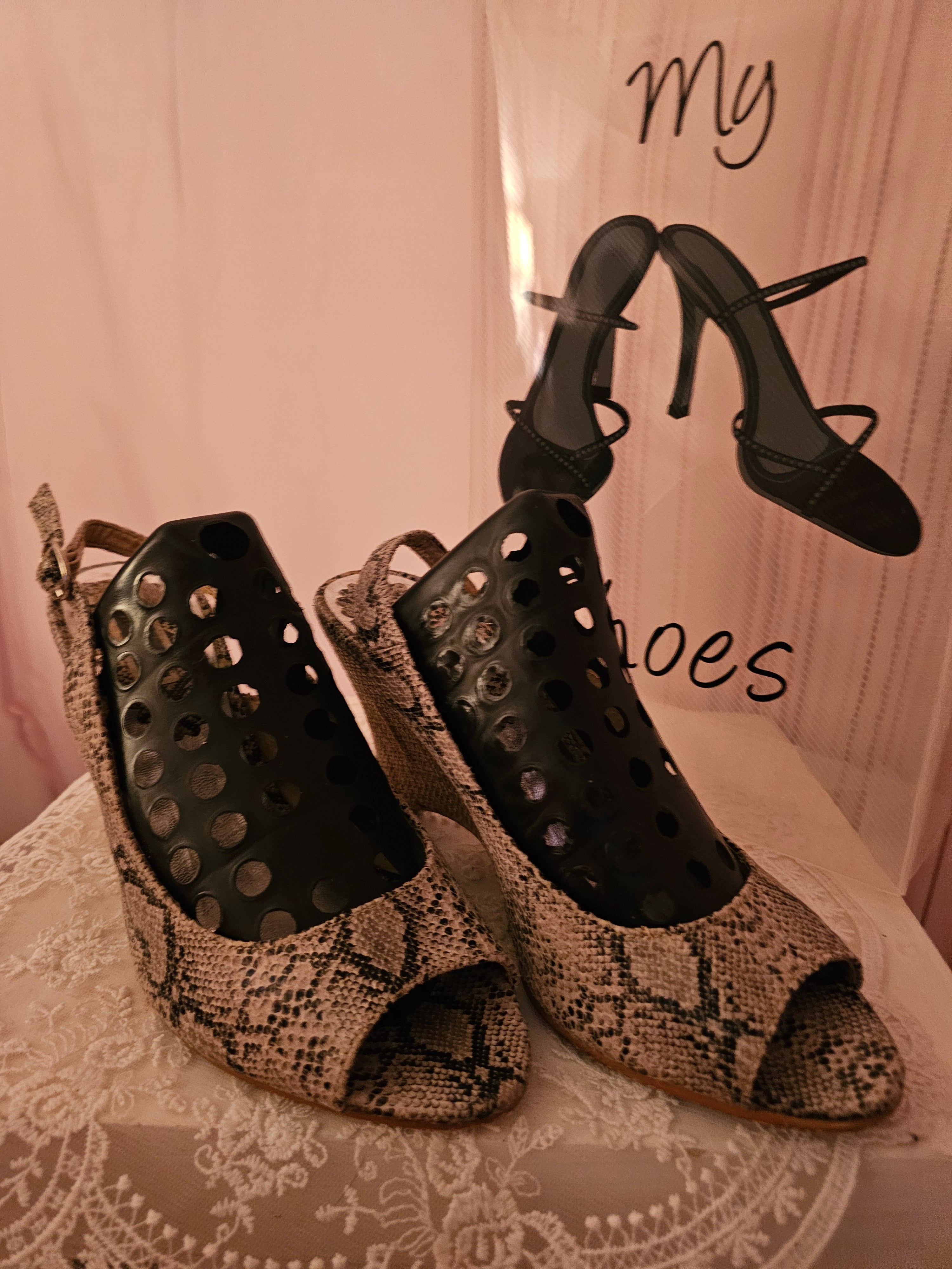 Ladies Snakeskin Peep Toe Slingback Wedges